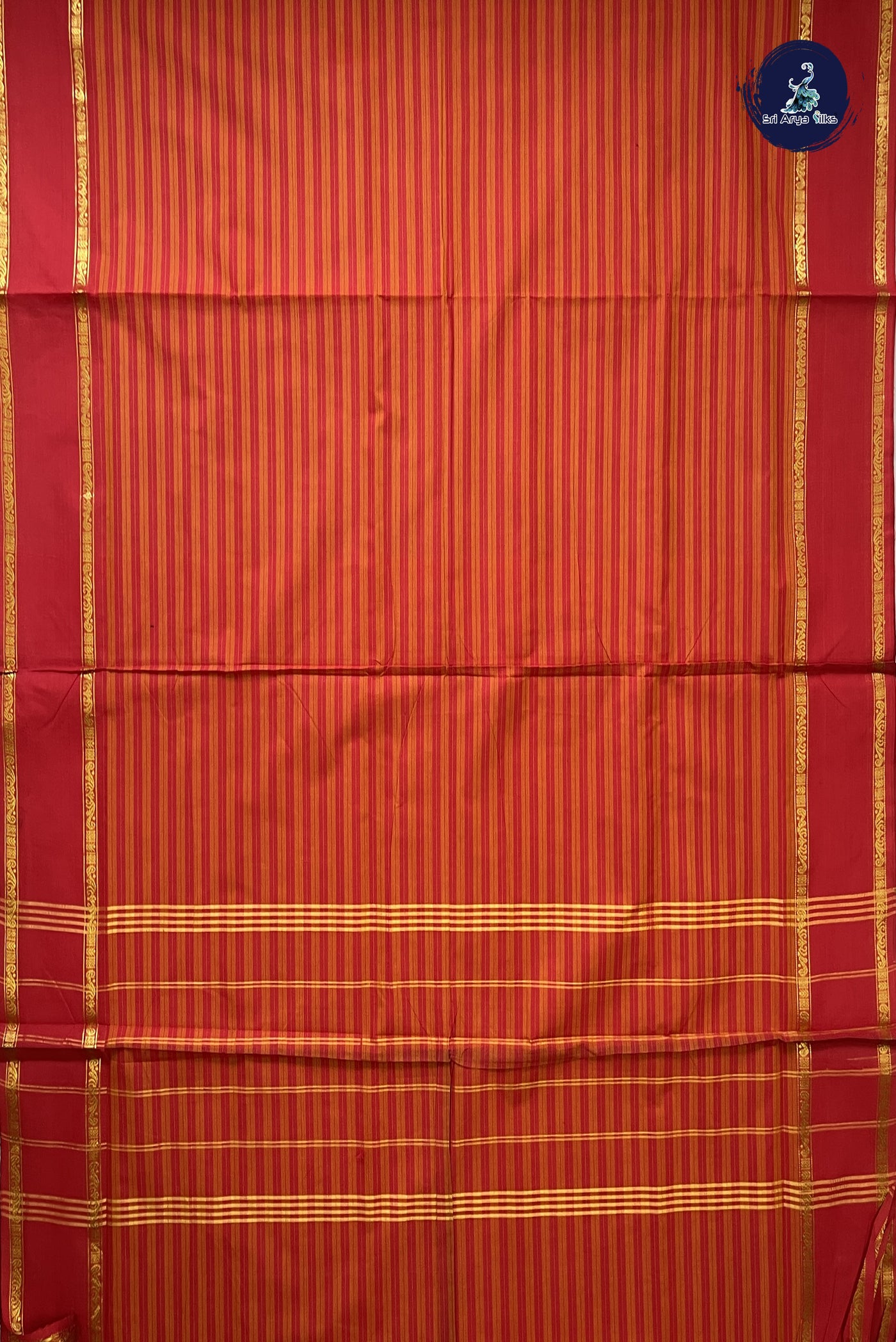 Orange 10 Yards Madisar Cotton Saree With Vaazhapoo Design Pattern