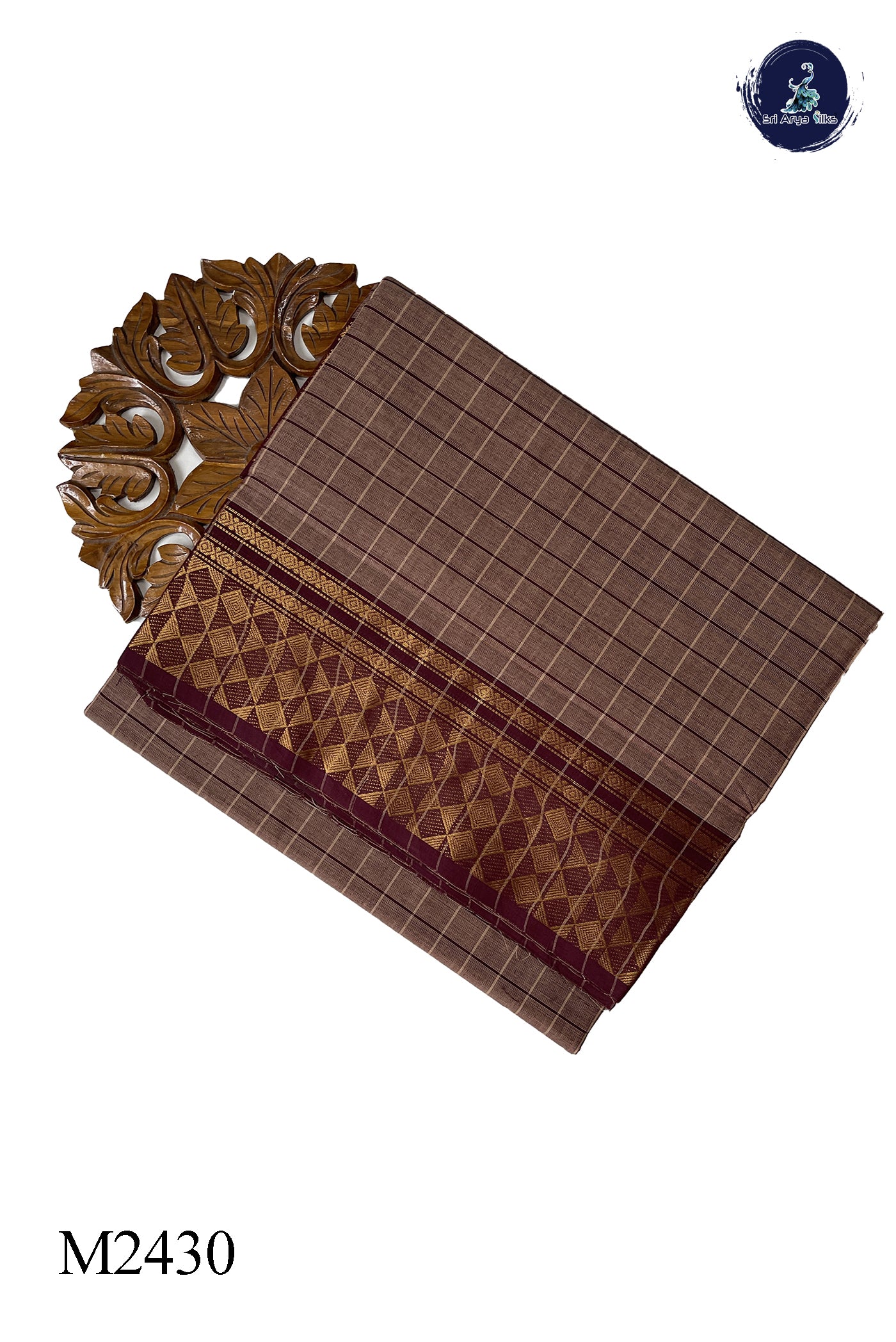 Light Brown 10 Yards Madisar Cotton Saree With Checked Pattern