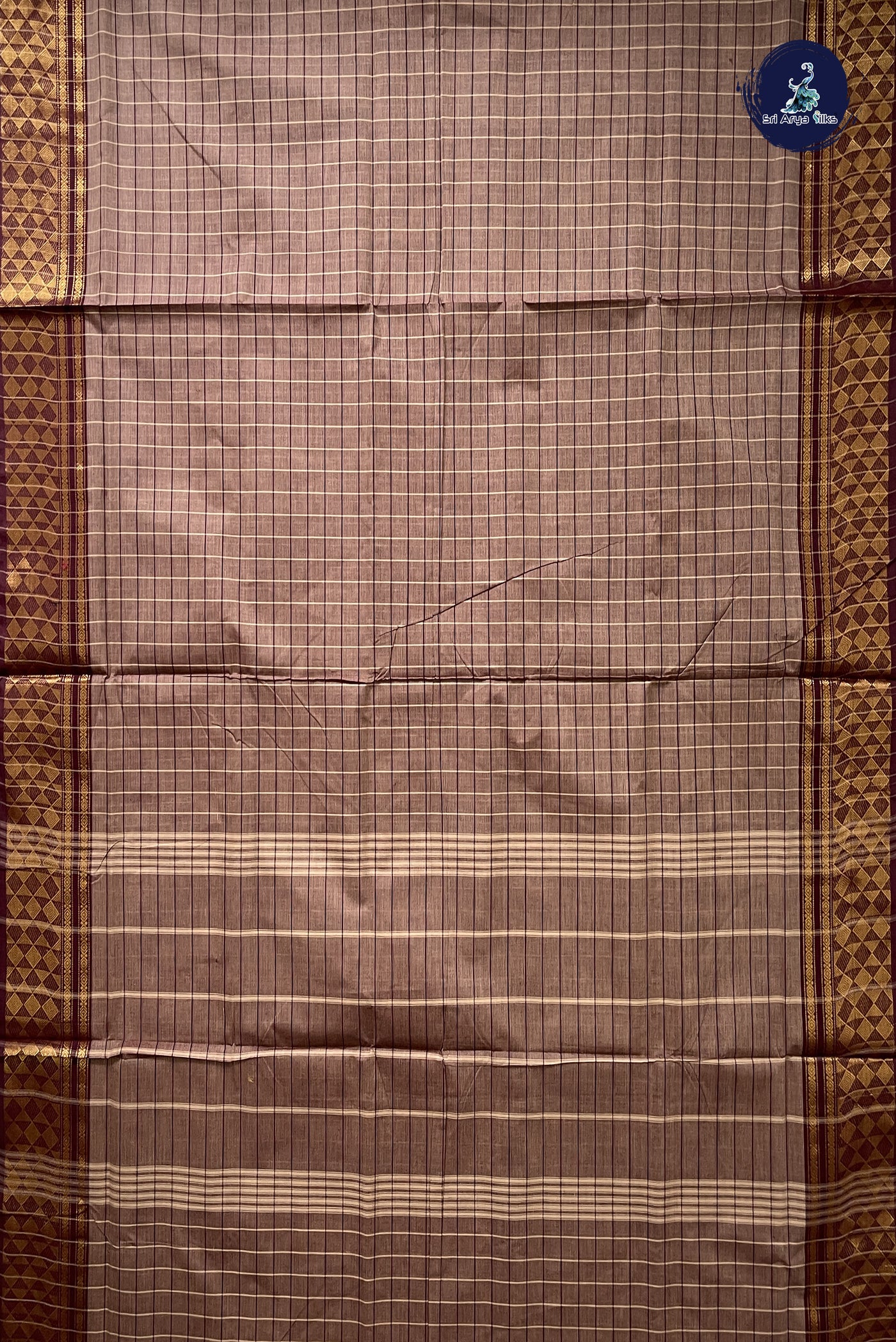 Light Brown 10 Yards Madisar Cotton Saree With Checked Pattern