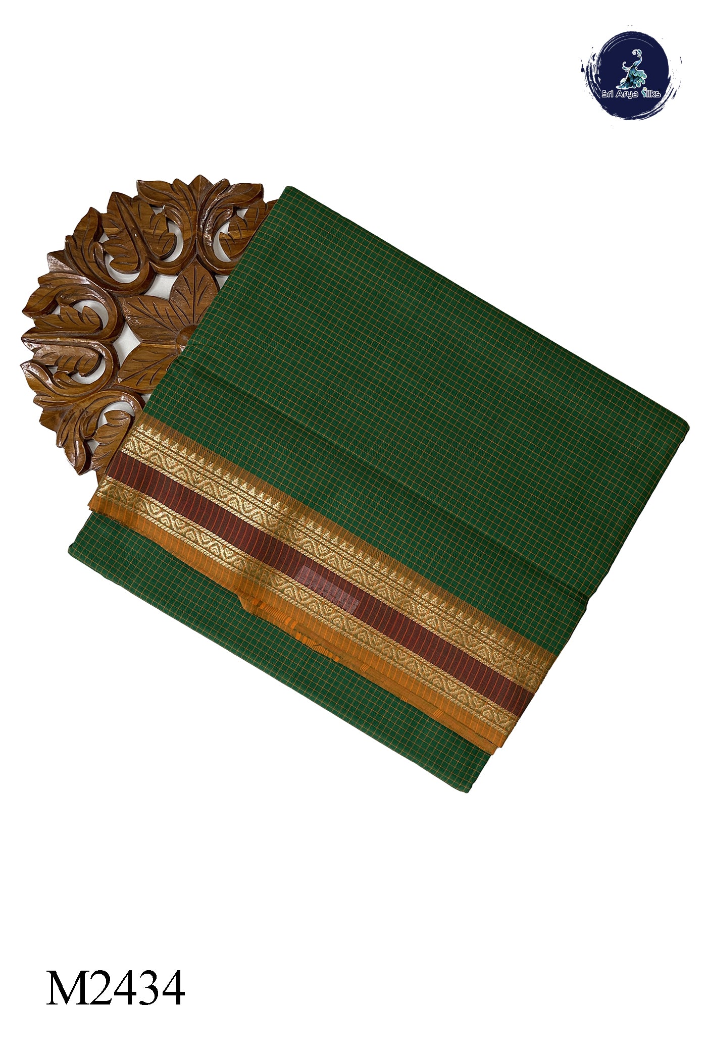 Dark Green 10 Yards Madisar Cotton Saree With Checked Pattern