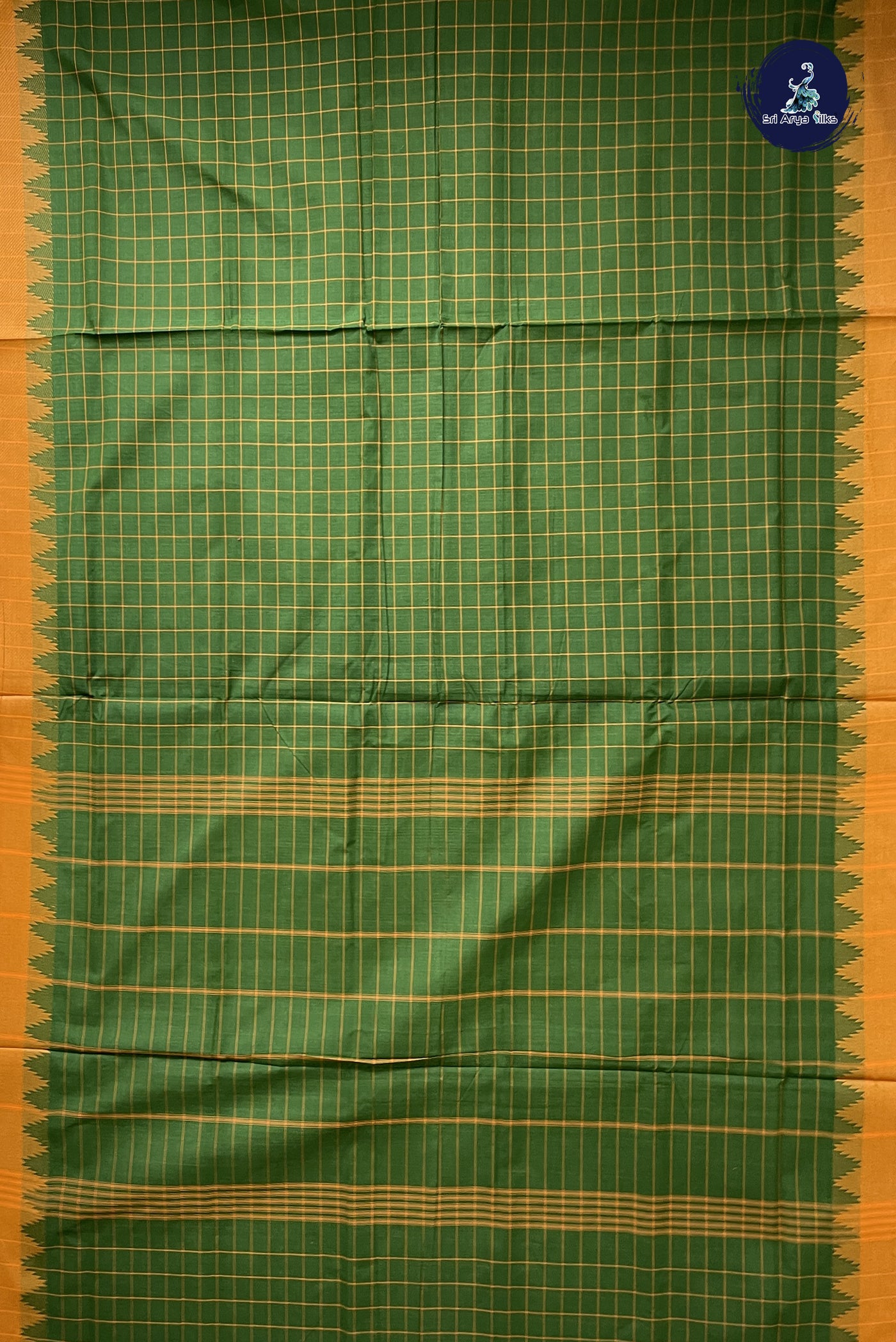 Green 10 Yards Madisar Cotton Saree With Checked Pattern