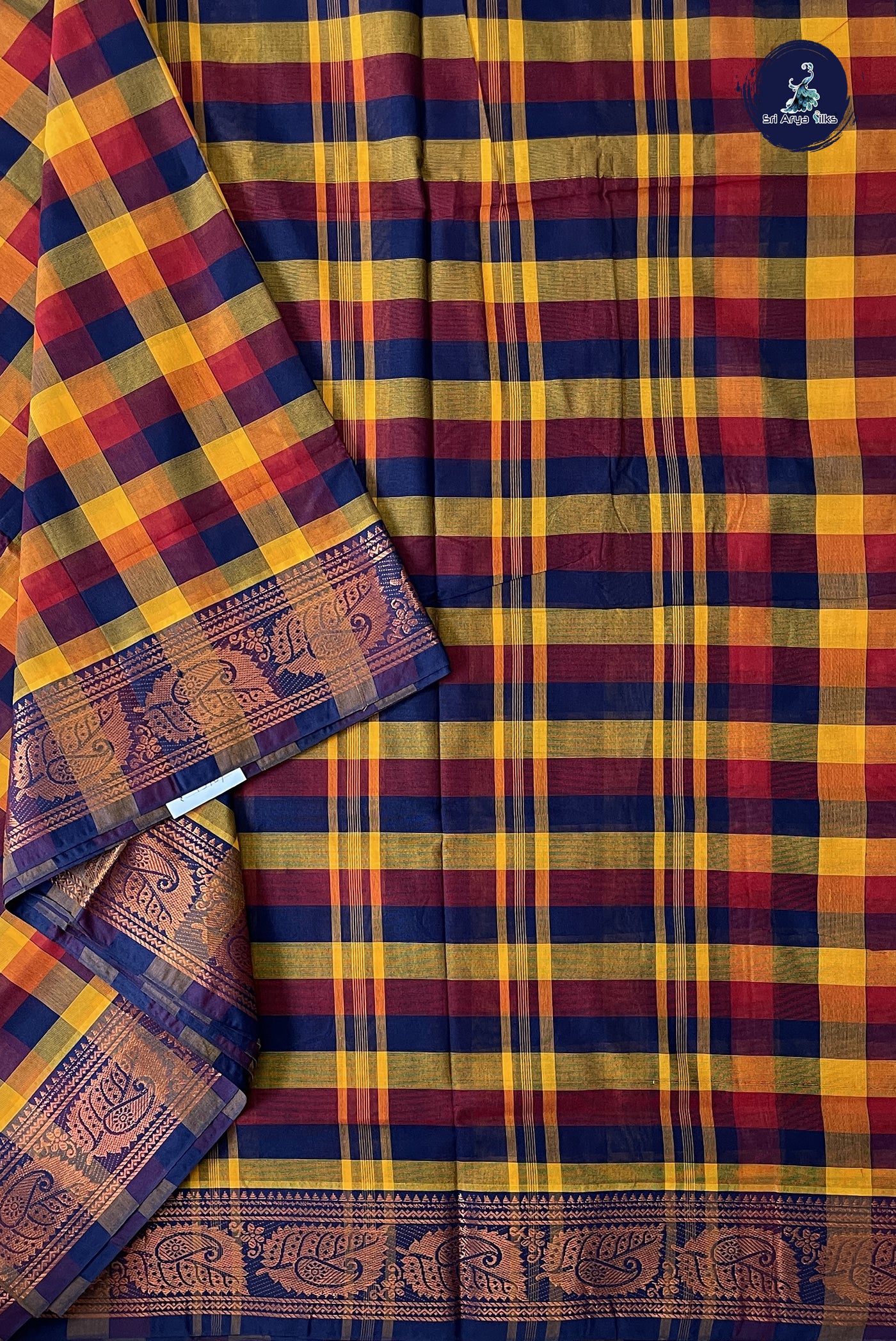 Multi Colour 10 Yards Madisar Cotton Saree With Checked Pattern