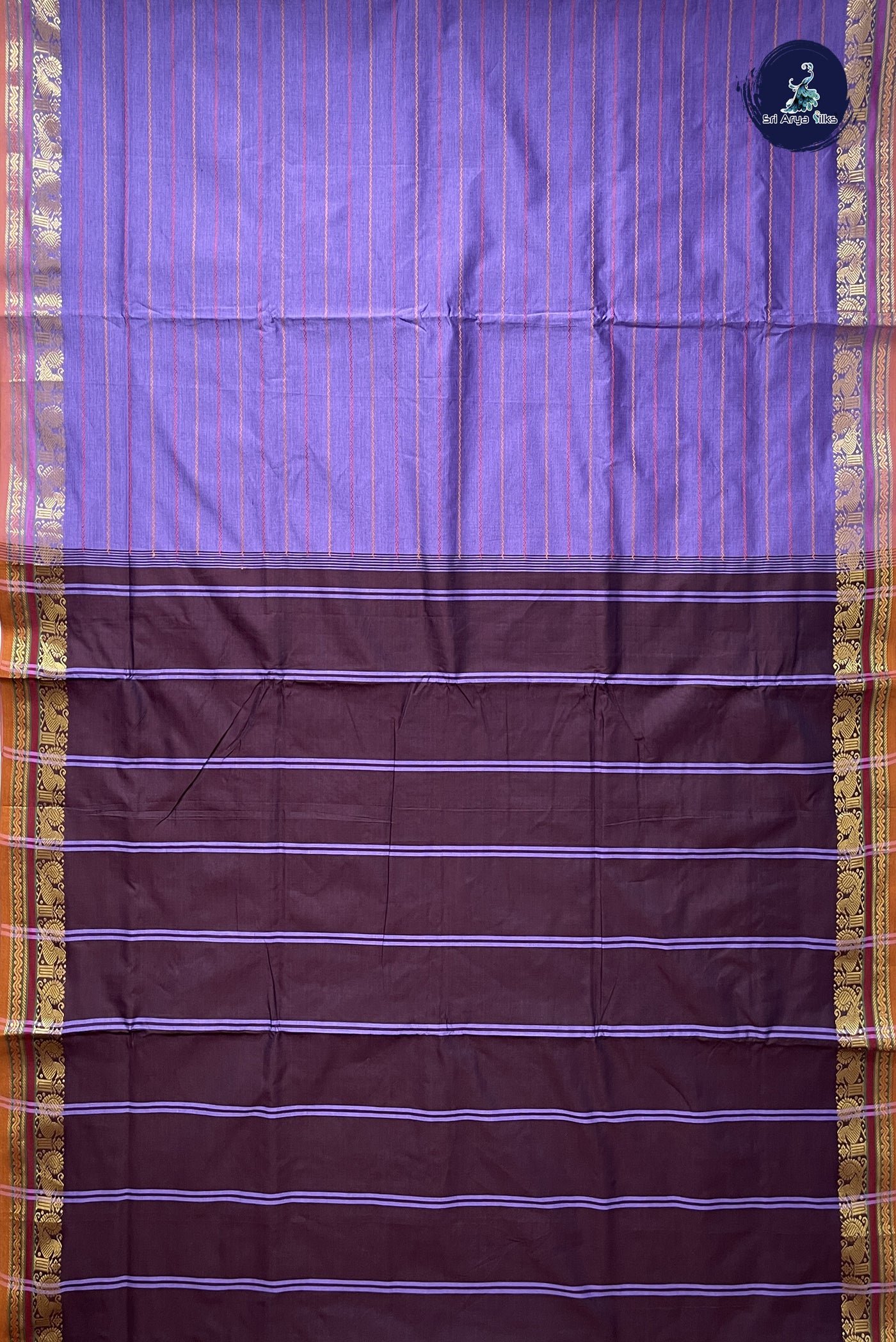 Lavender 10 Yards Silk Cotton Saree With Veldhari Stripes Pattern