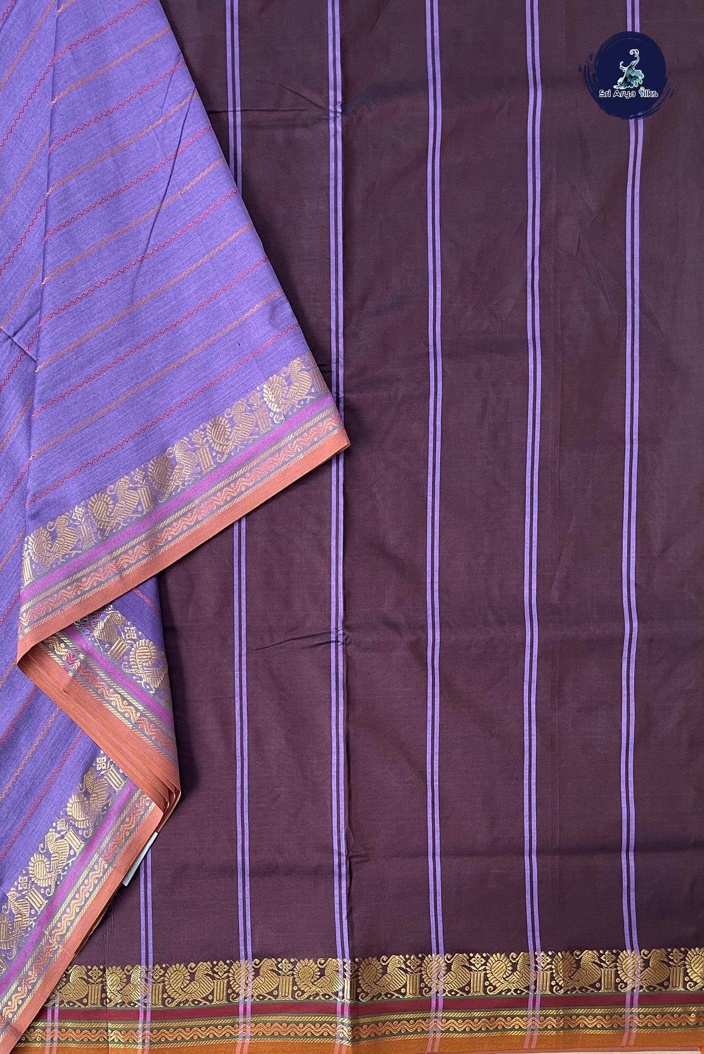 Lavender 10 Yards Silk Cotton Saree With Veldhari Stripes Pattern