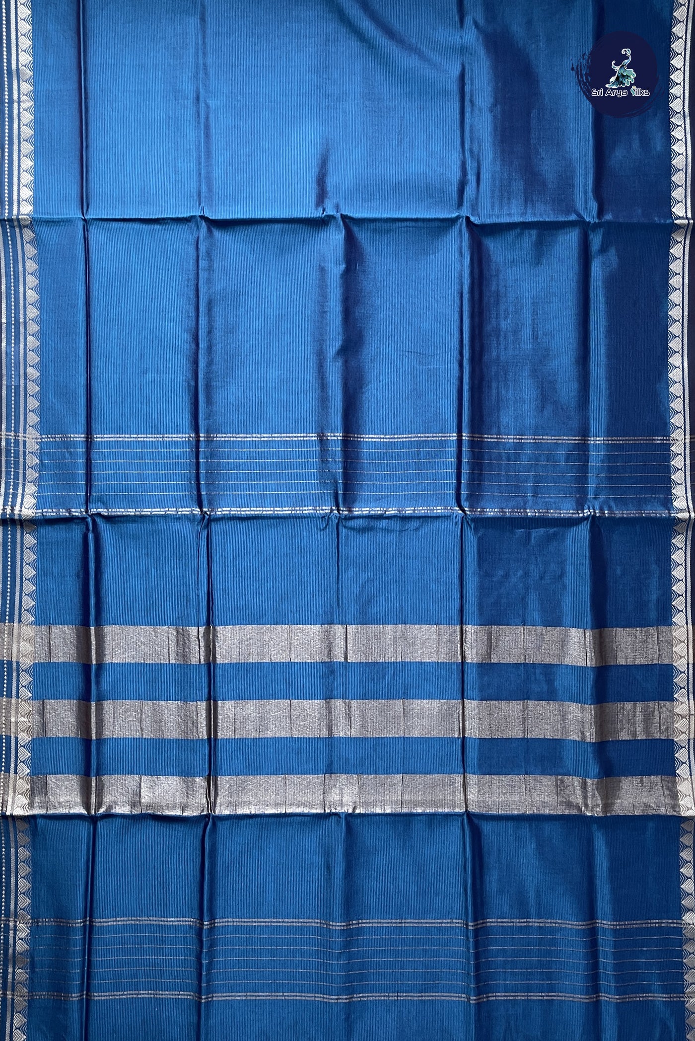 Sapphire Blue 10 Yards Silk Cotton Saree With Doria Lines Pattern