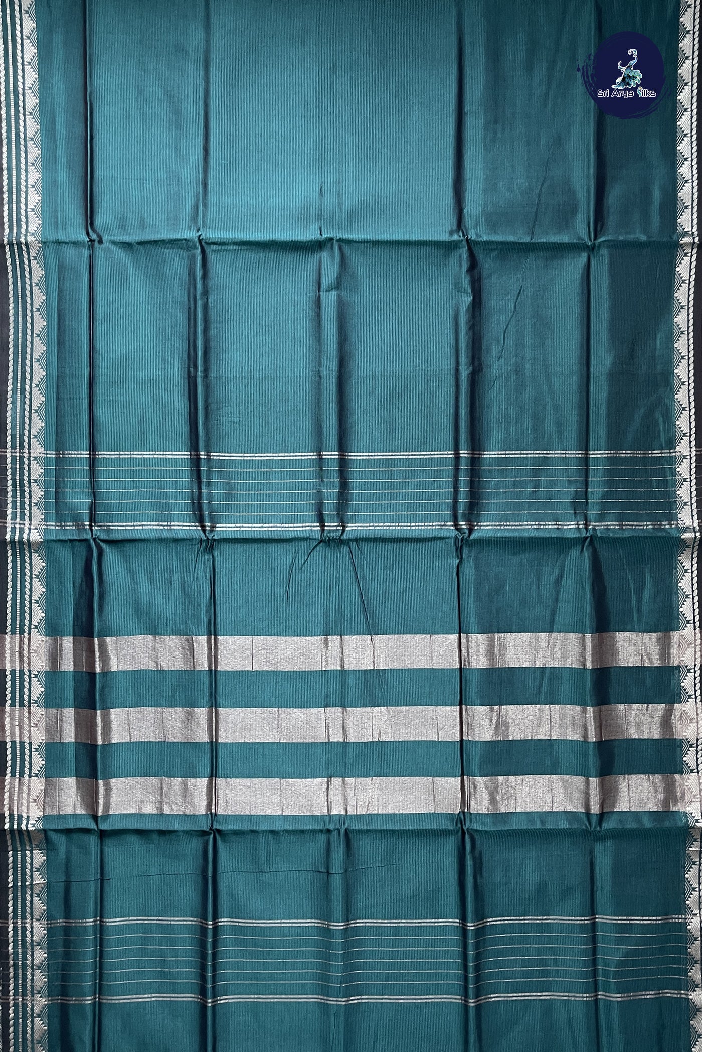 Sapphire Green 10 Yards Silk Cotton Saree With Doria Lines Pattern