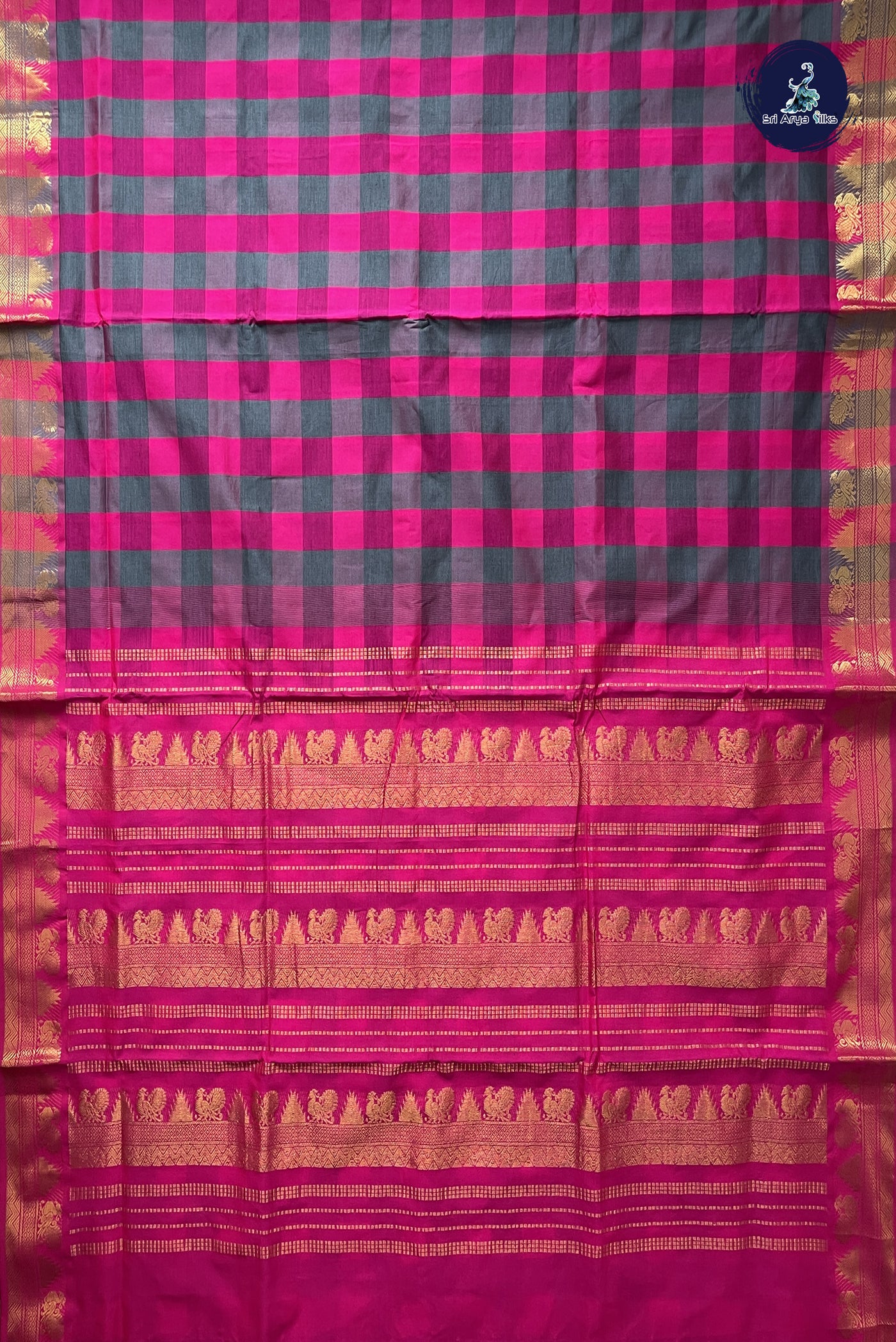 Multi Colour 10 Yards Silk Cotton Saree With Checked Pattern