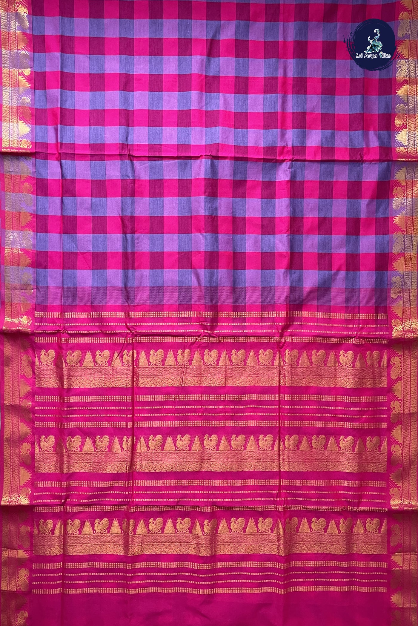 Multi Colour 10 Yards Silk Cotton Saree With Checked Pattern