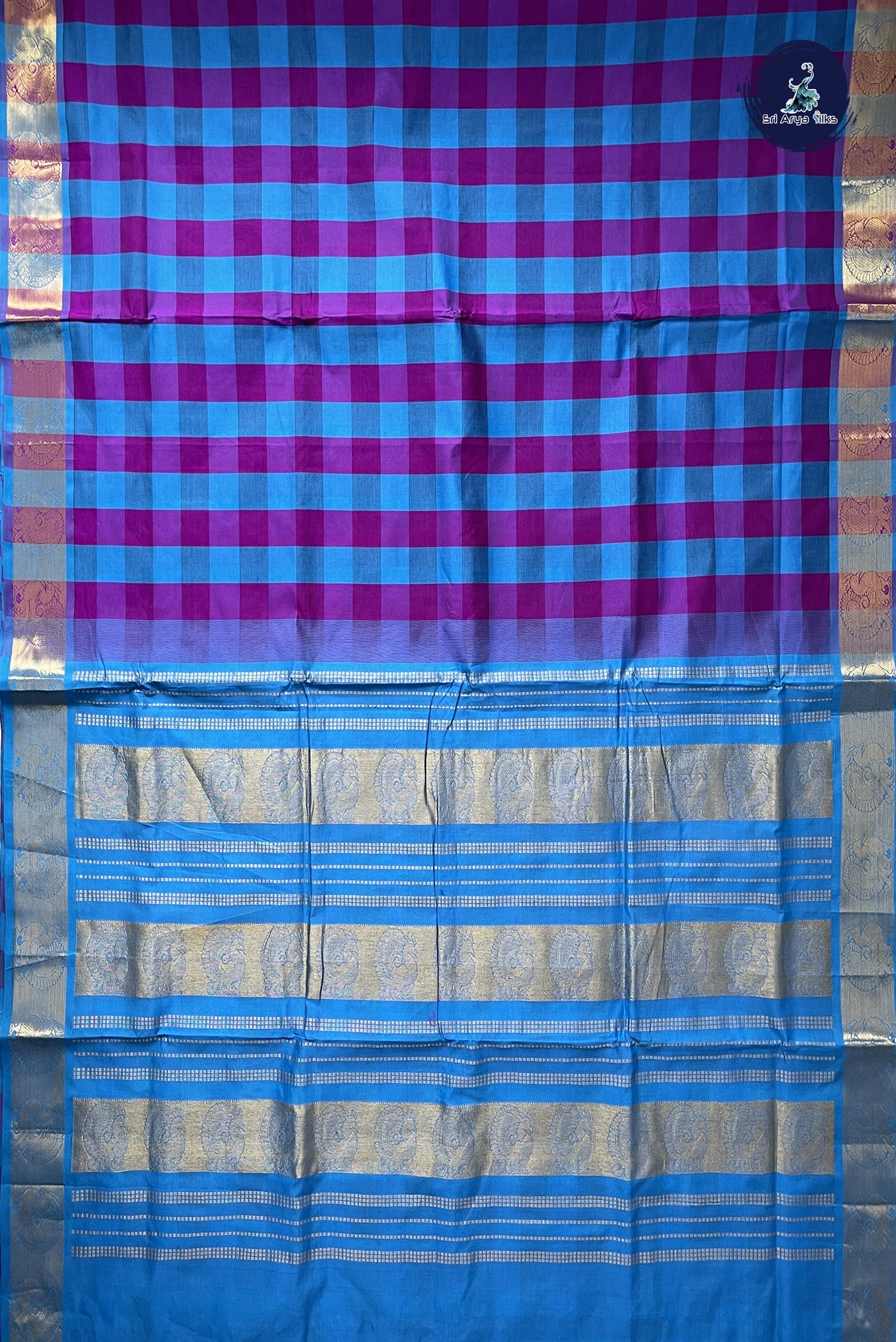 Multi Colour 10 Yards Silk Cotton Saree With Checked Pattern