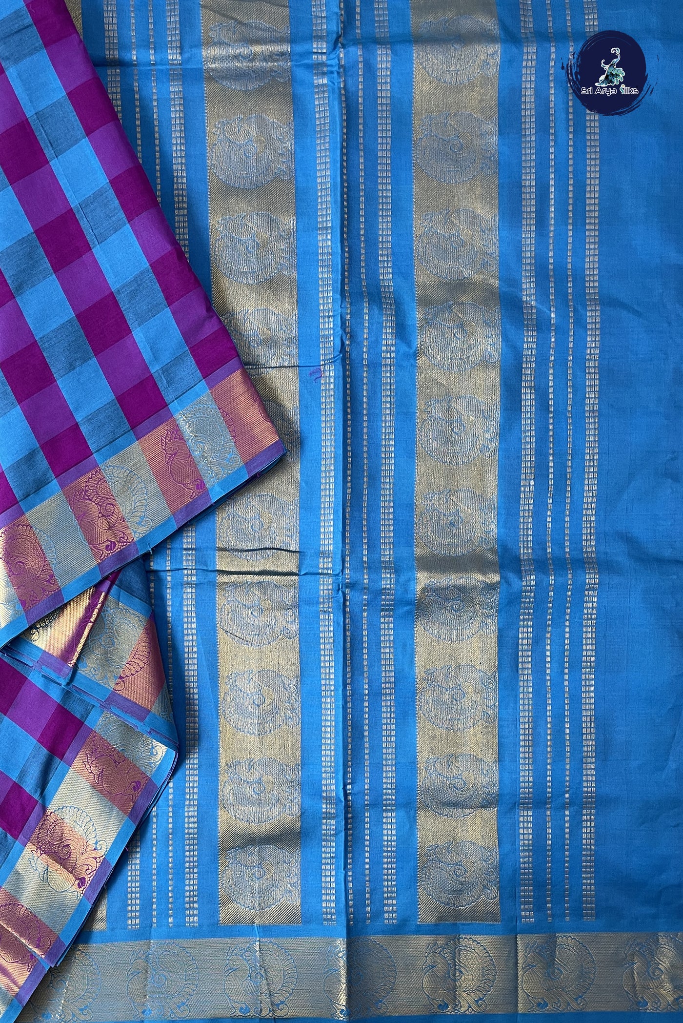 Multi Colour 10 Yards Silk Cotton Saree With Checked Pattern