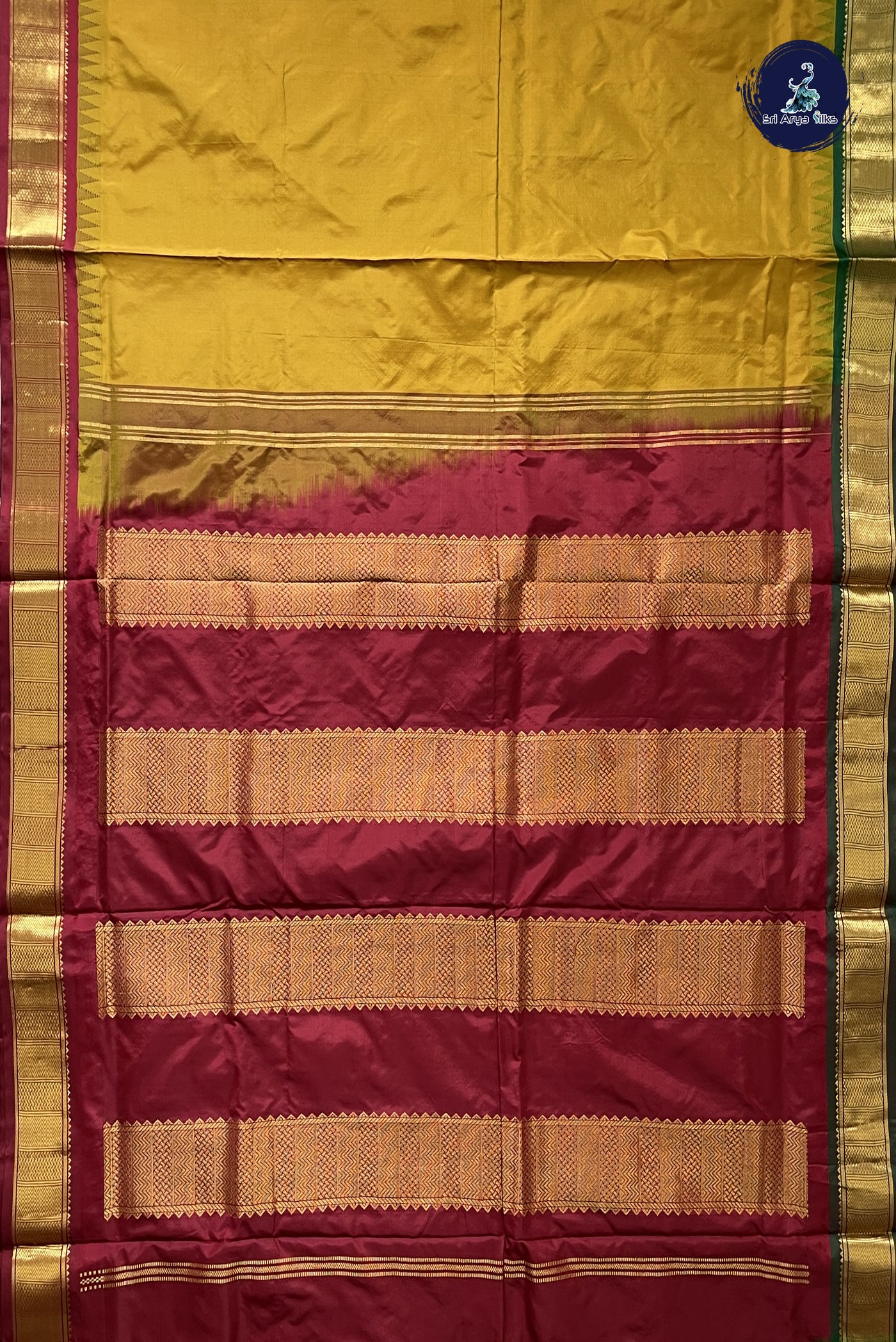 Golden Mustard Madisar 10 Yards Silk Saree With Plain Pattern