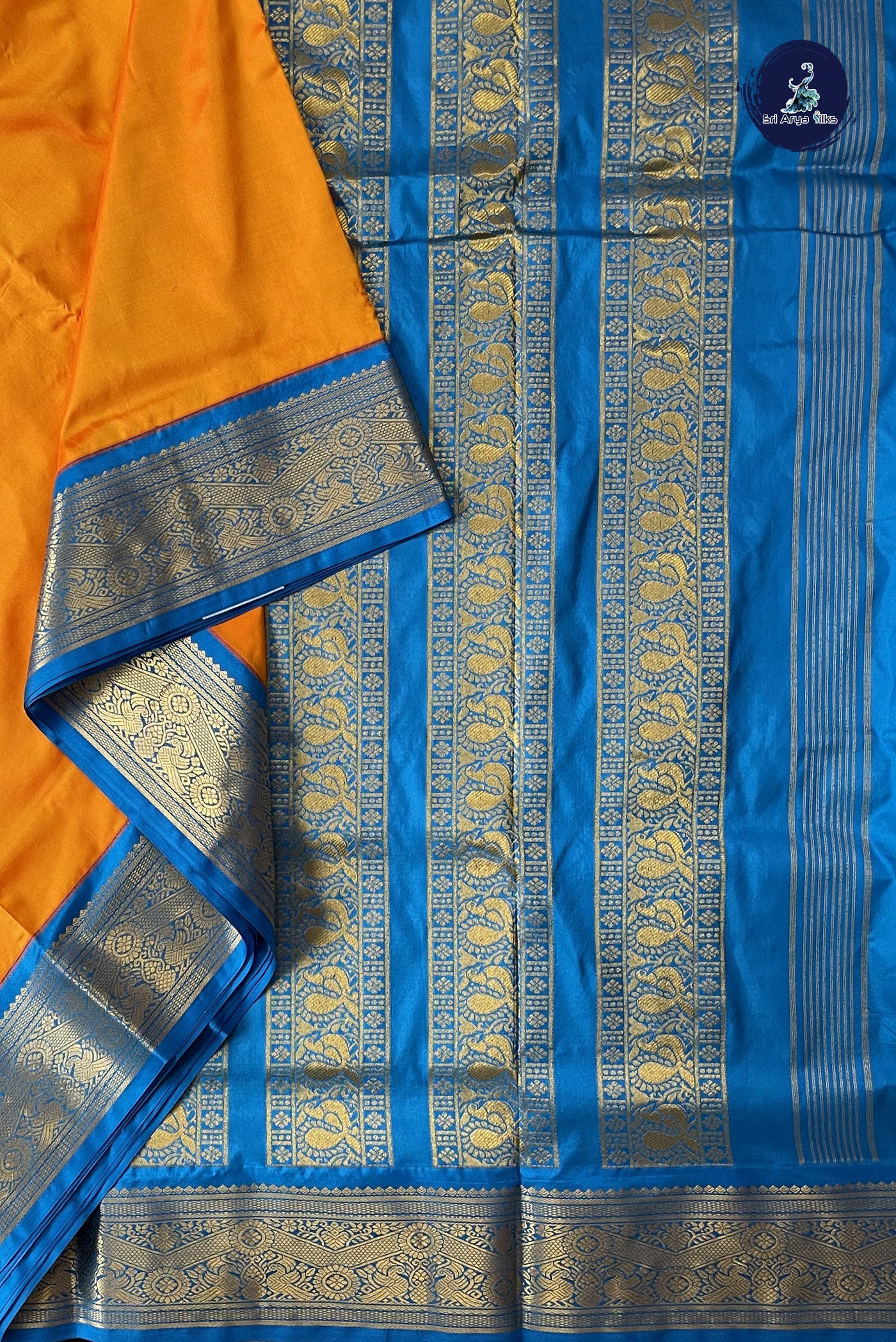 Yellowish Orange Madisar 10 Yards Silk Saree With Plain Pattern