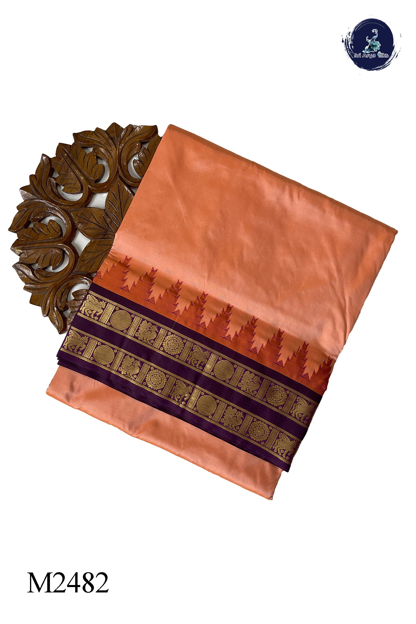 Peach Madisar 10 Yards Silk Saree With Plain Pattern