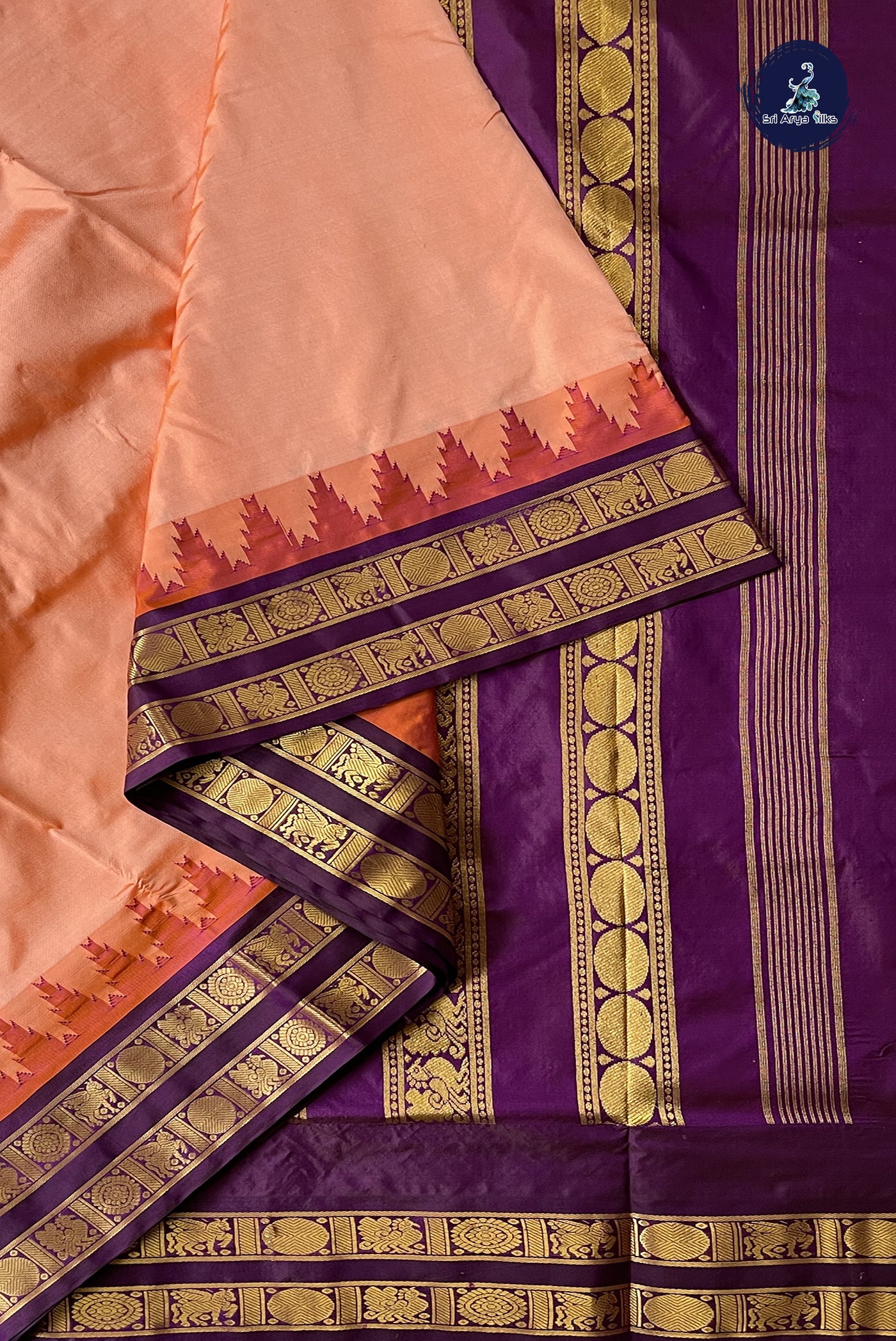 Peach Madisar 10 Yards Silk Saree With Plain Pattern