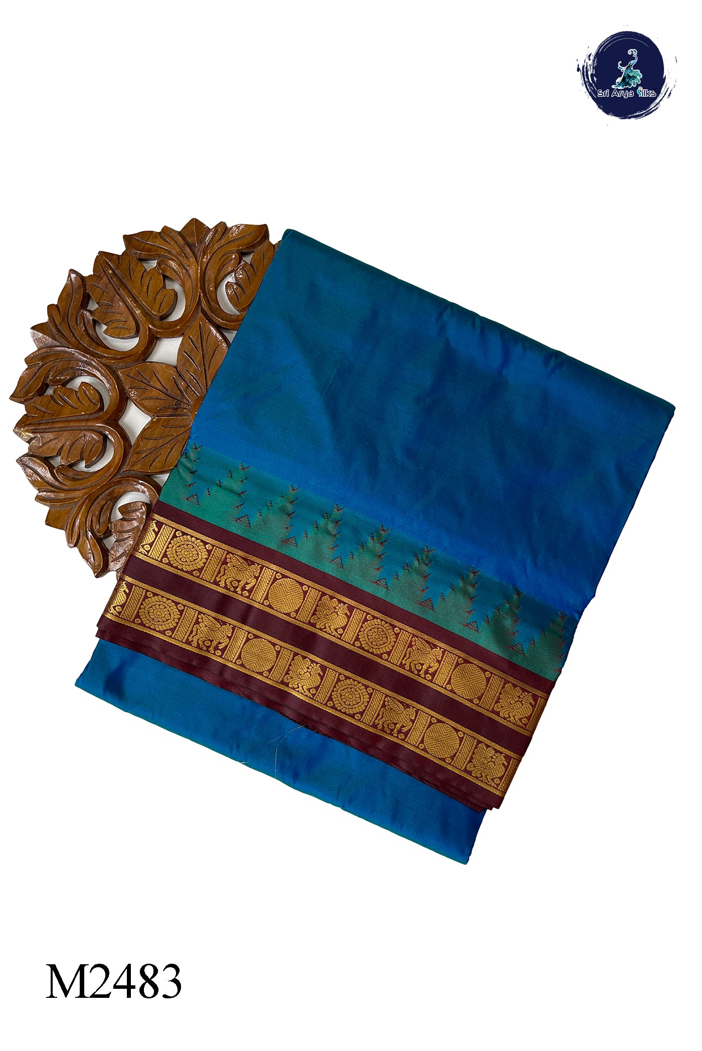 Peacock Blue Madisar 10 Yards Silk Saree With Plain Pattern