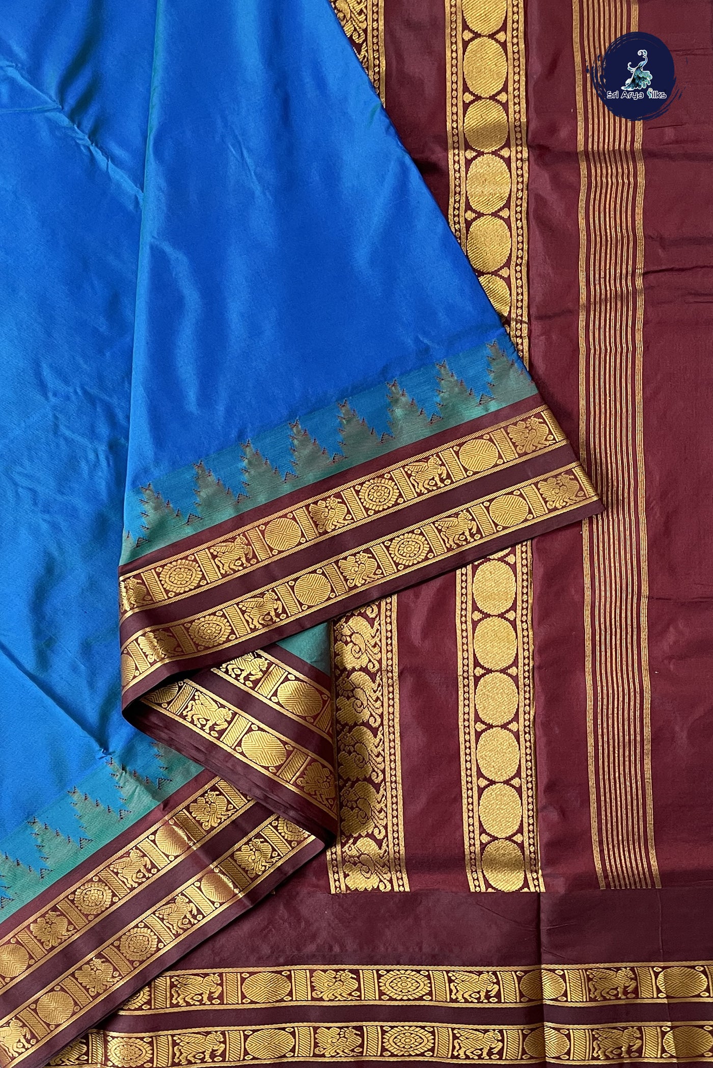 Peacock Blue Madisar 10 Yards Silk Saree With Plain Pattern