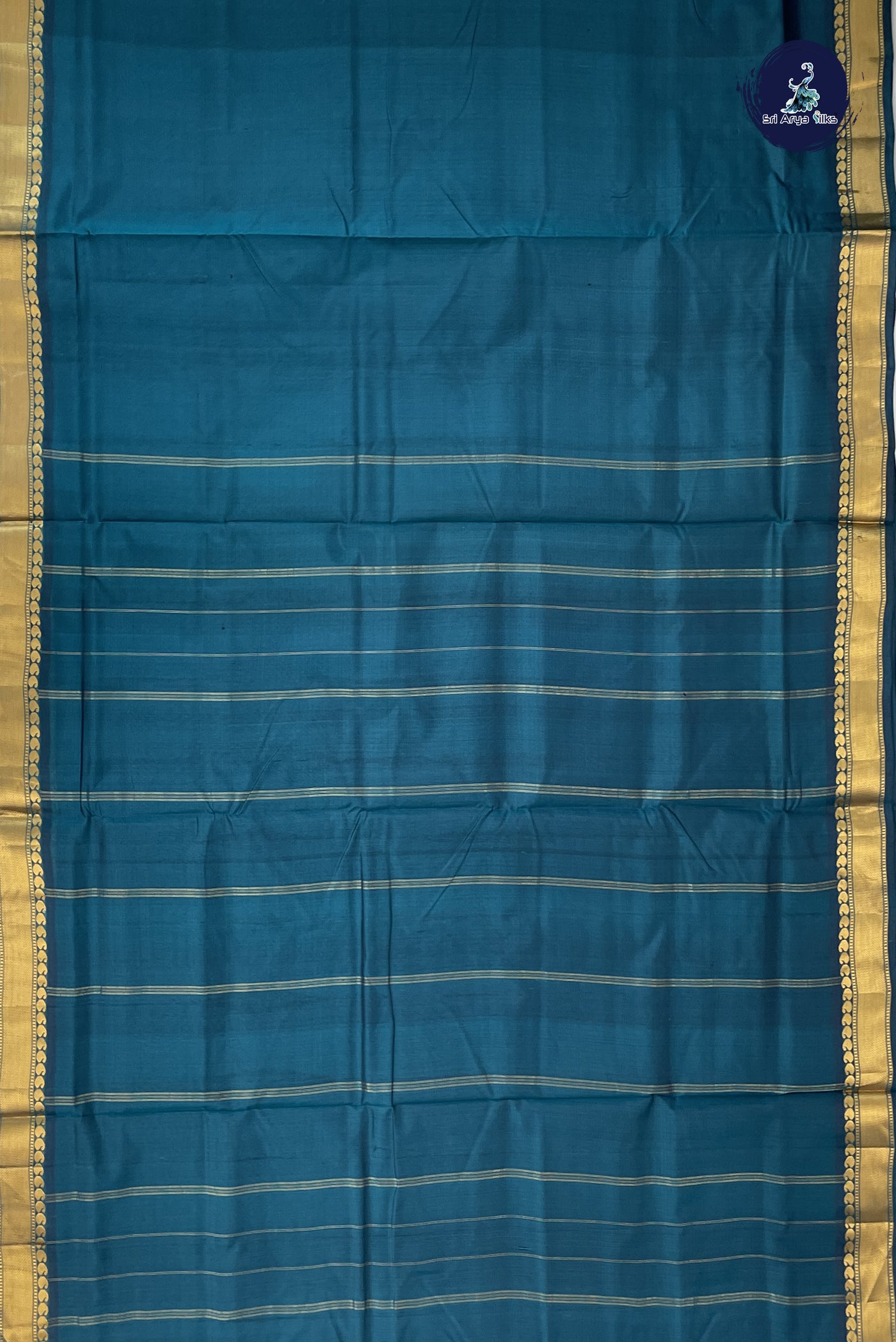 Peacock Blue Madisar 10 Yards Silk Saree With Plain Pattern