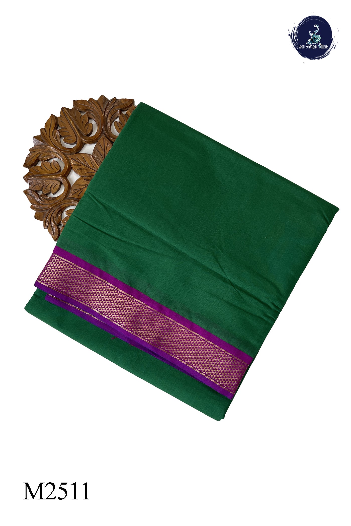 Dark Green Madisar Semi Silk Cotton Saree With Plain Pattern