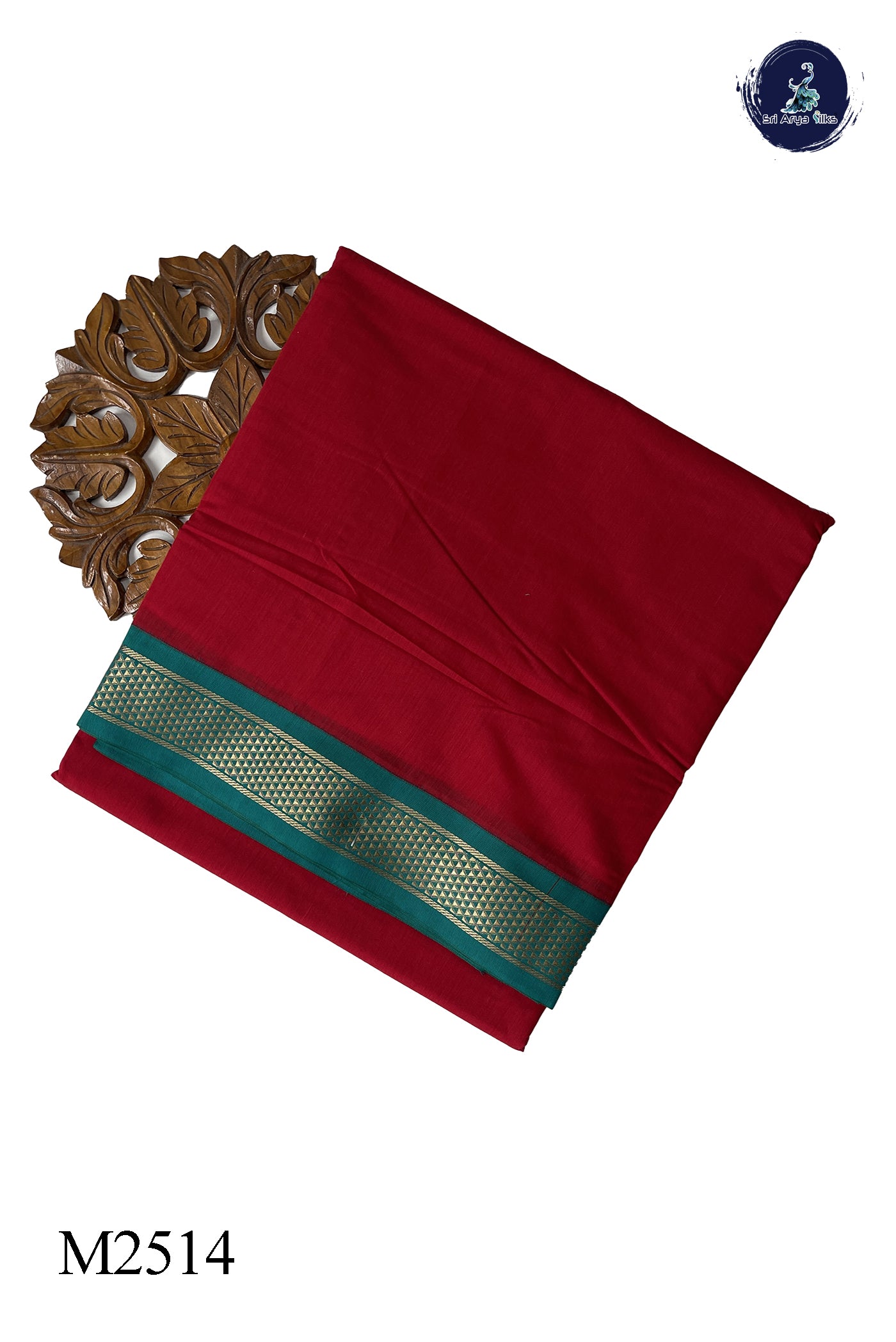 Red Madisar Semi Silk Cotton Saree With Plain Pattern