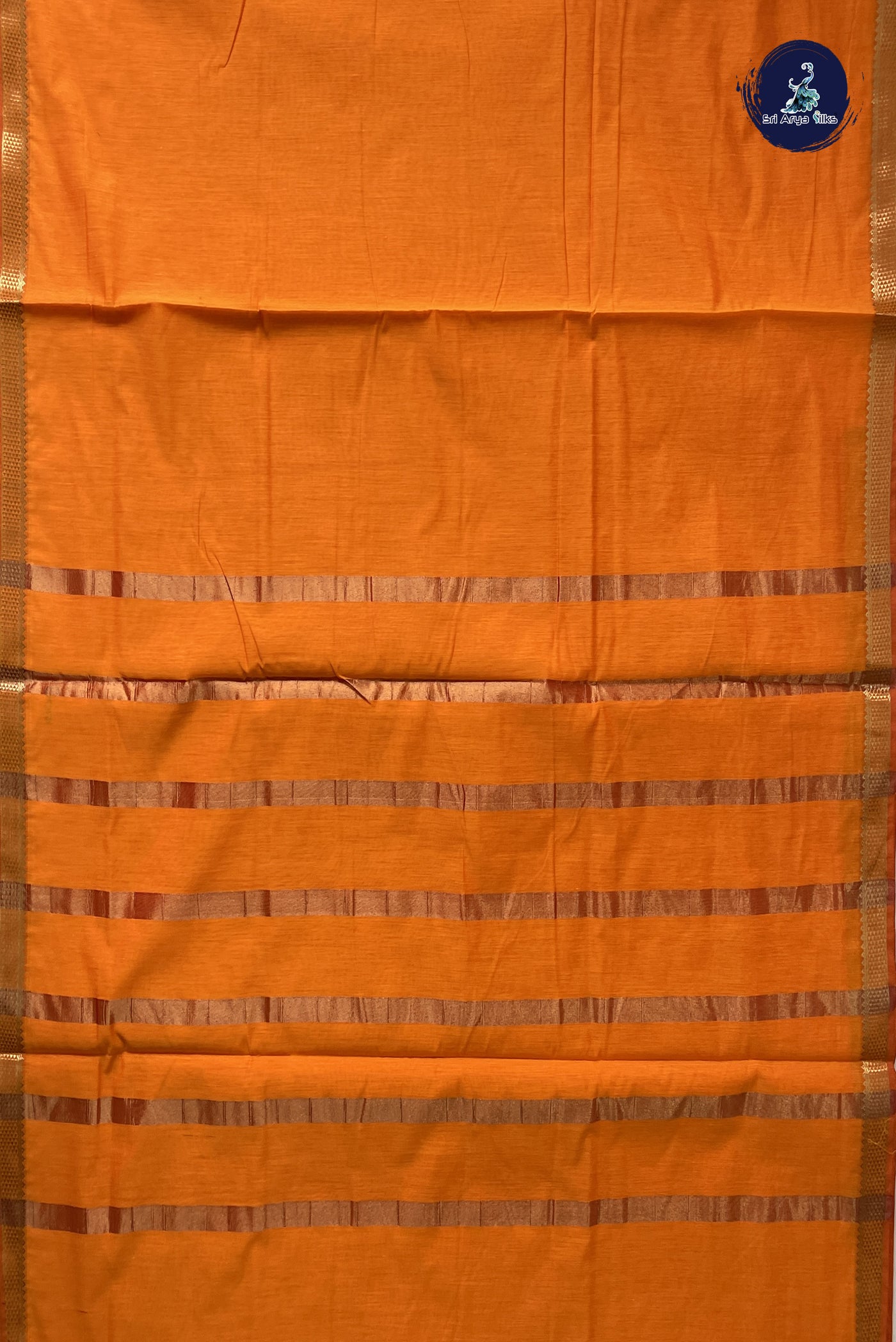 Yellowish Orange Madisar Semi Silk Cotton Saree With Plain Pattern