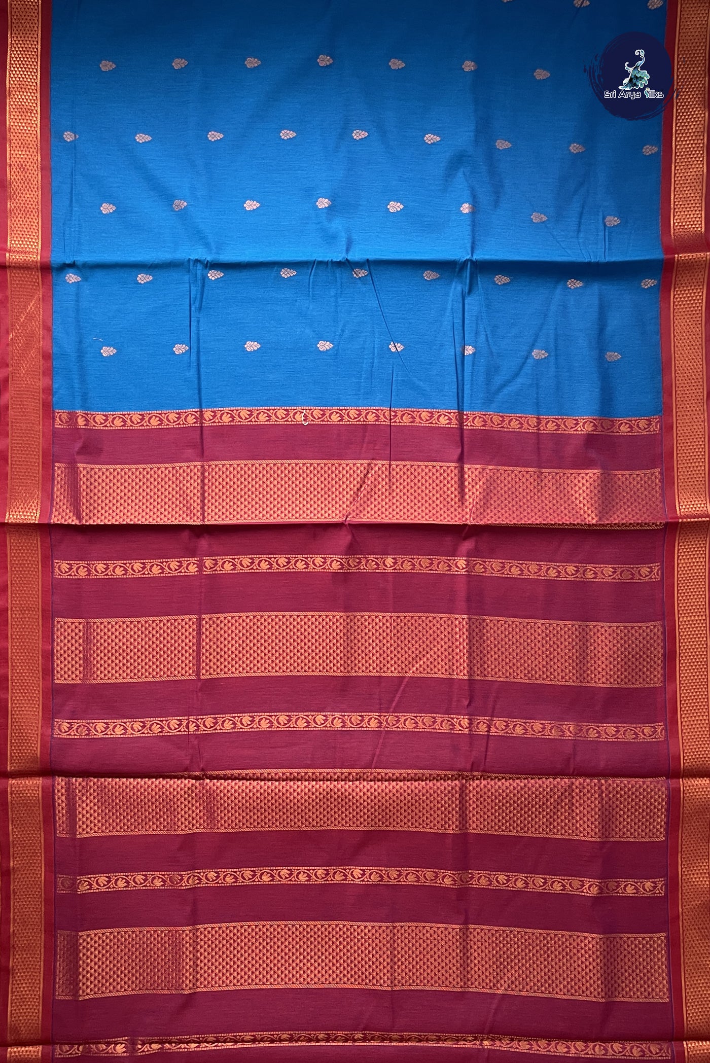 Sapphire Blue Madisar Semi Silk Cotton Saree With Zari Buttas Pattern