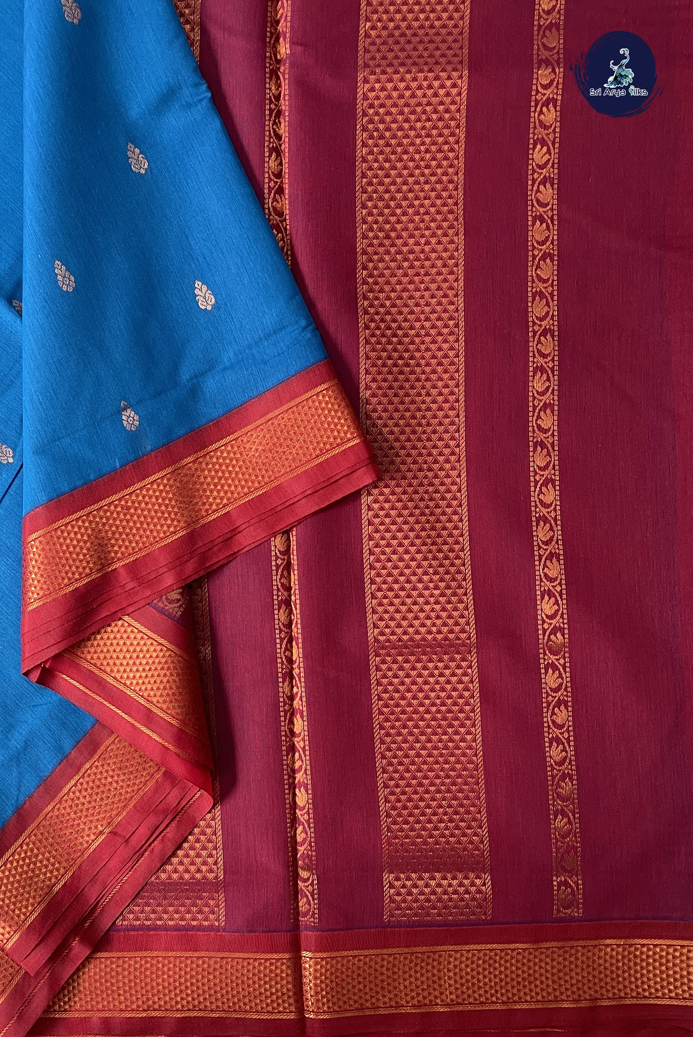 Sapphire Blue Madisar Semi Silk Cotton Saree With Zari Buttas Pattern