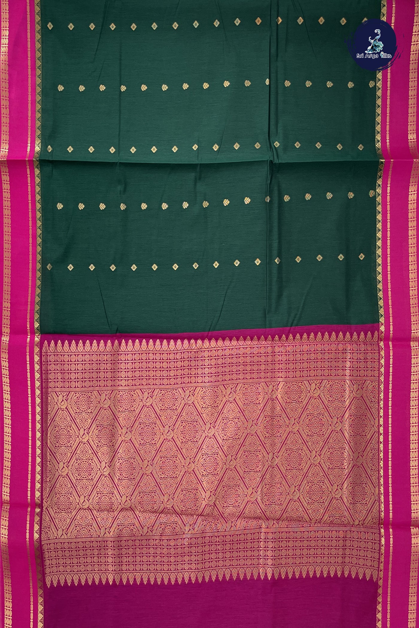 Bottle Green Madisar Semi Silk Cotton Saree With Zari Buttas Pattern