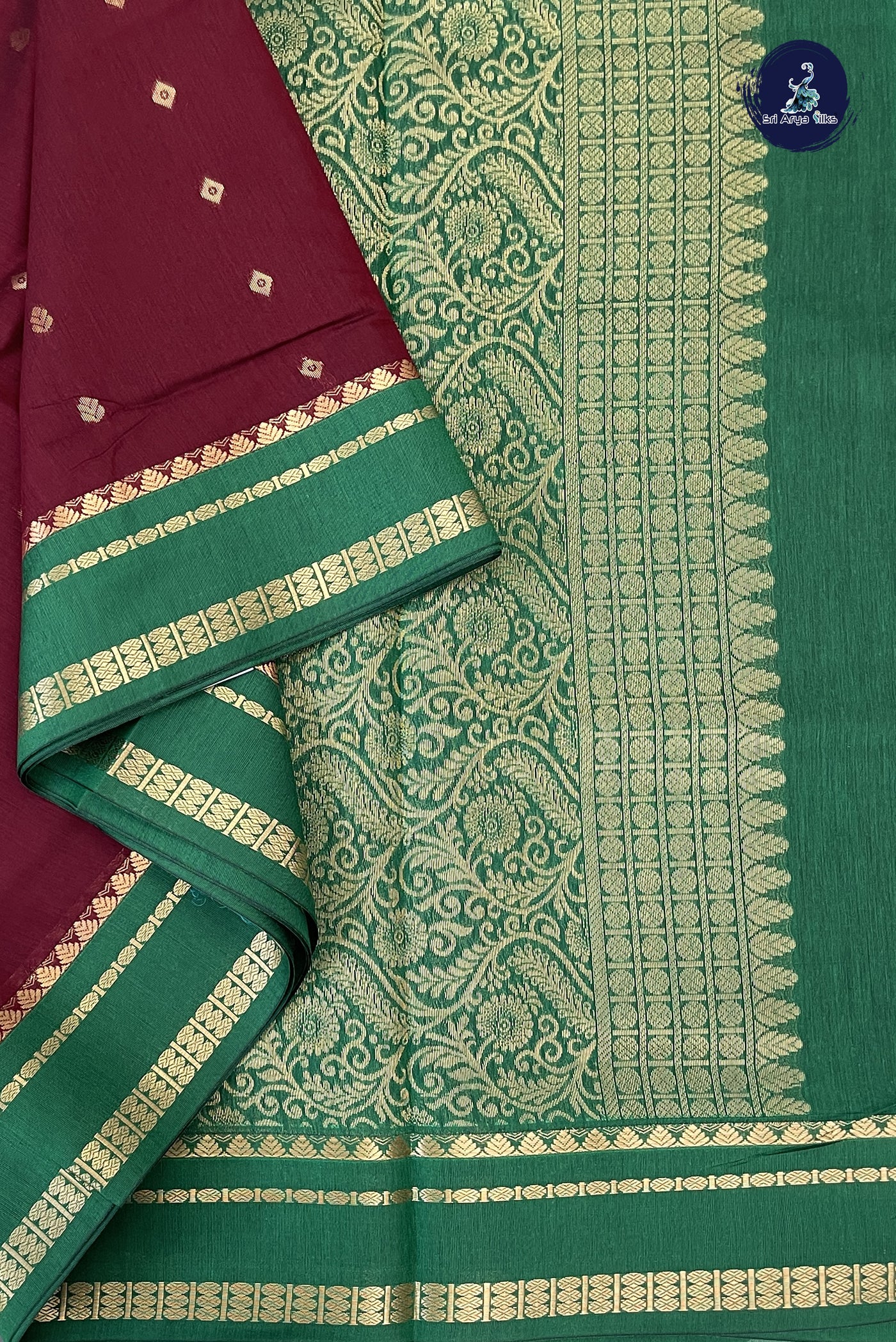 Maroon Madisar Semi Silk Cotton Saree With Zari Buttas Pattern