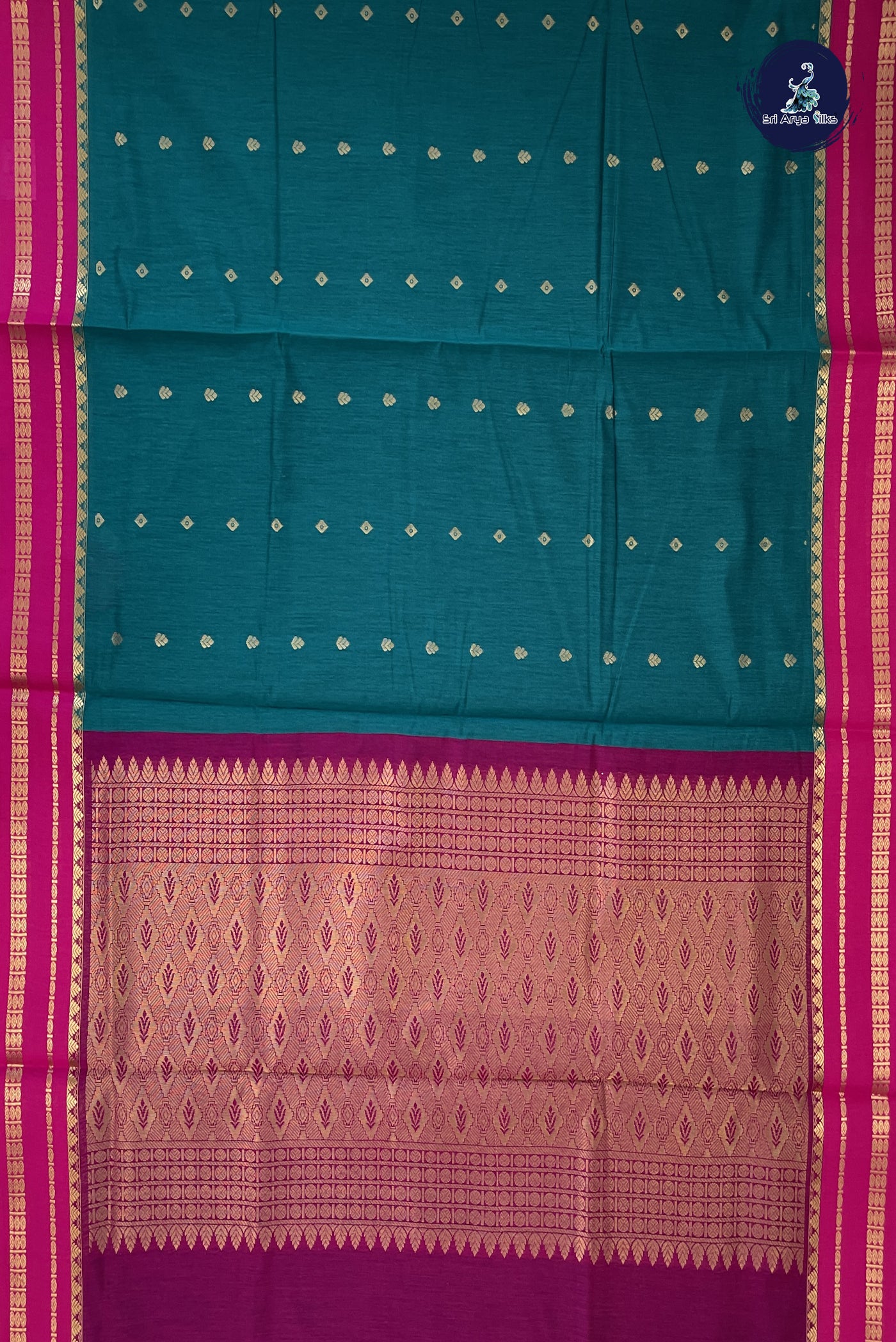 Sapphire Green Madisar Semi Silk Cotton Saree With Zari Buttas Pattern