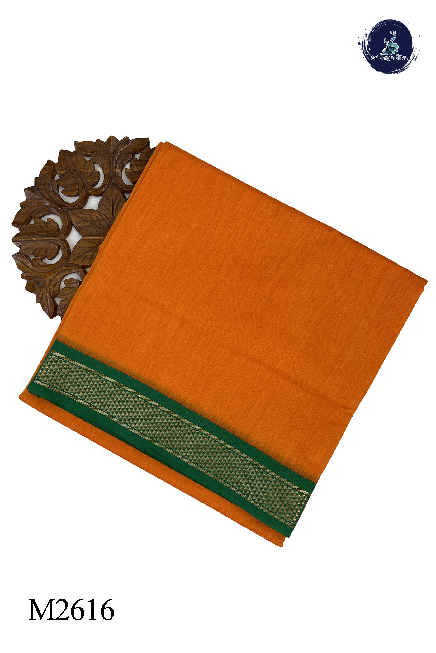 Yellowish Orange Madisar Semi Silk Cotton Saree With Plain Pattern