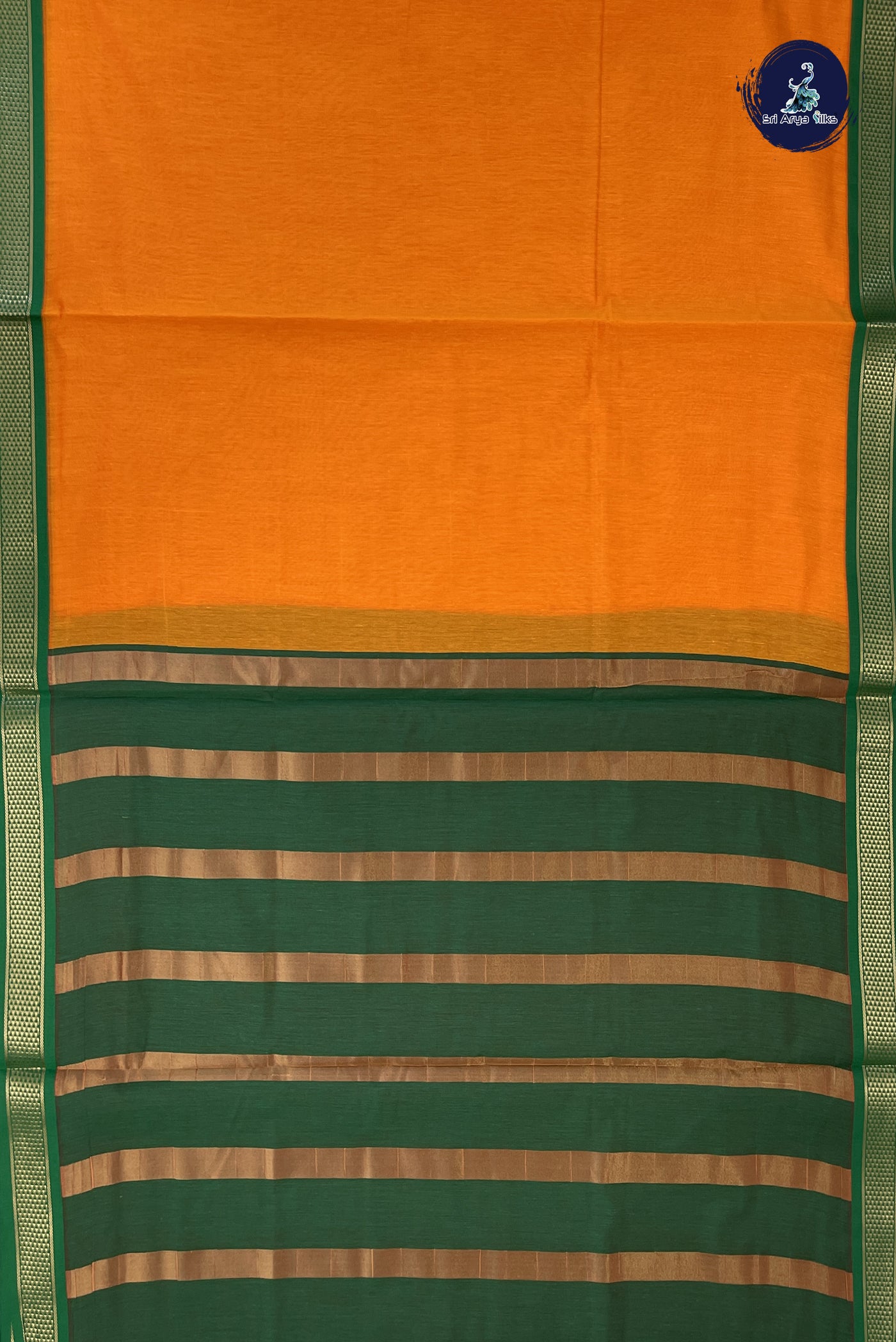 Yellowish Orange Madisar Semi Silk Cotton Saree With Plain Pattern