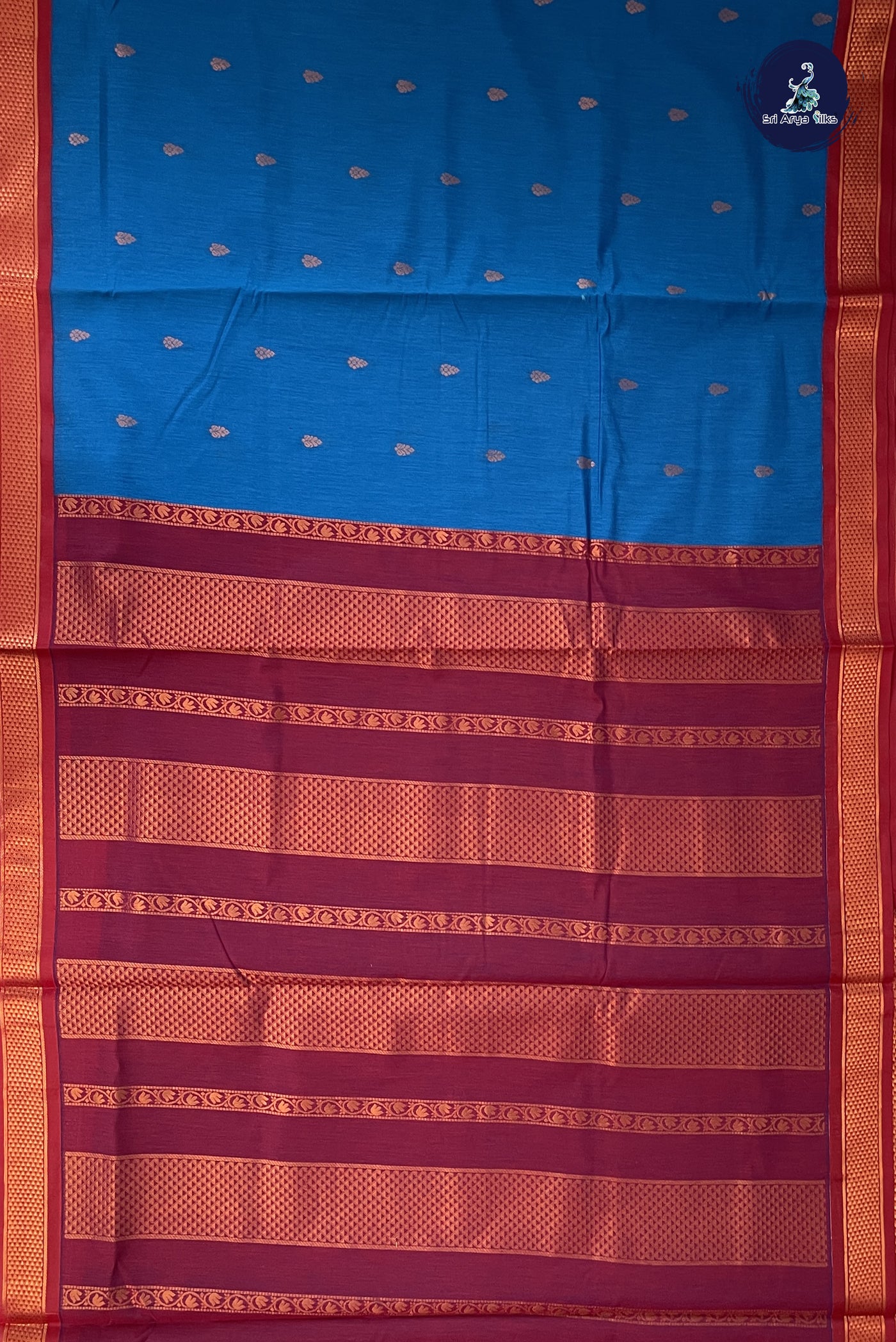 Copper Sulphate Blue Madisar Semi Silk Cotton Saree With Zari Buttas Pattern