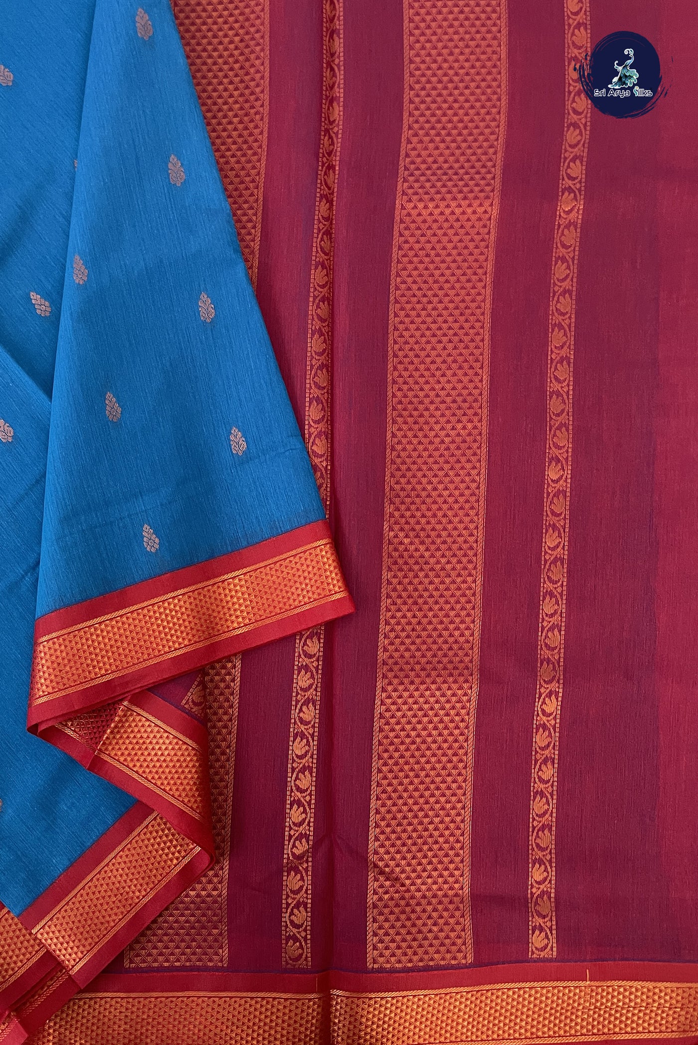 Copper Sulphate Blue Madisar Semi Silk Cotton Saree With Zari Buttas Pattern