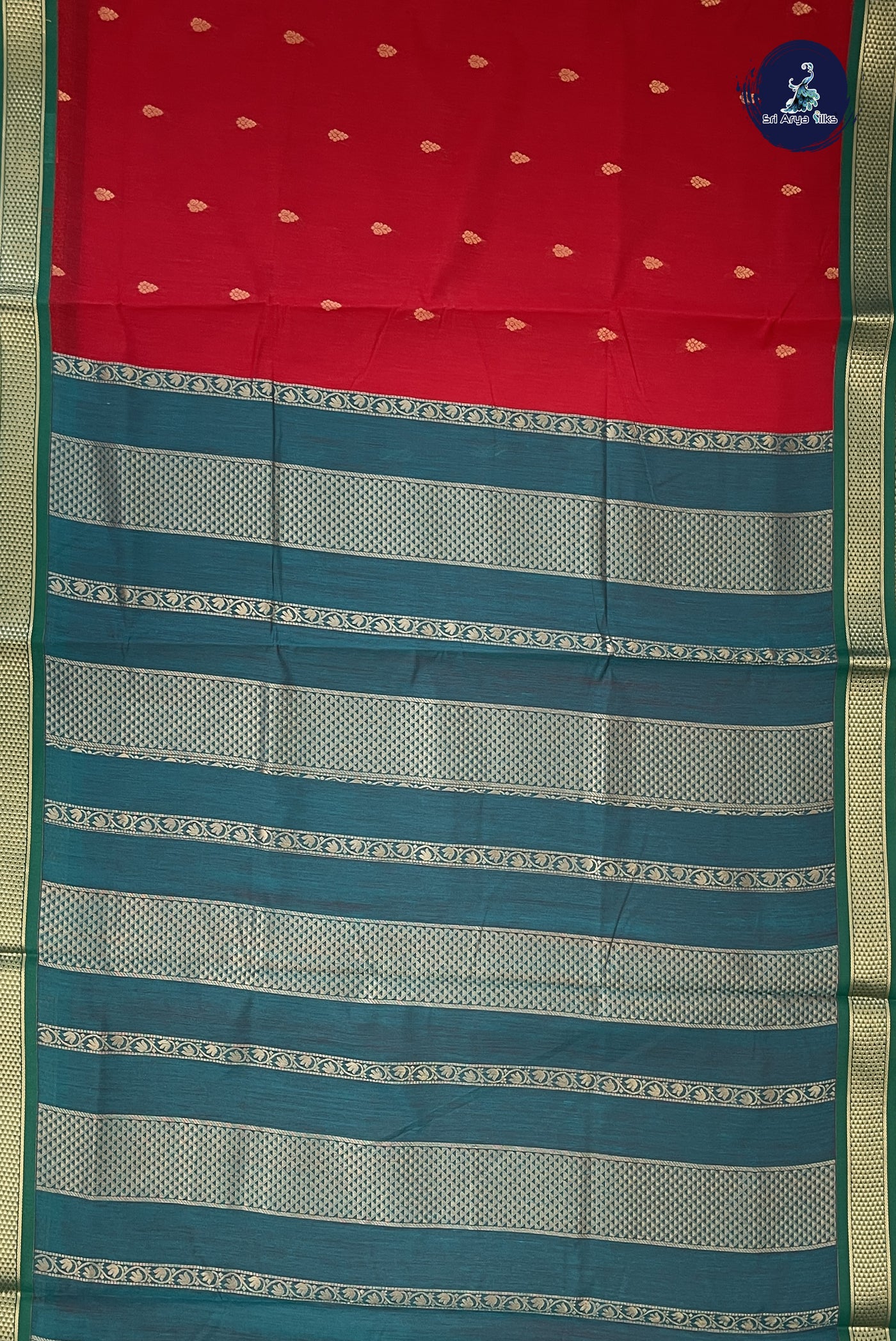 Red Madisar Semi Silk Cotton Saree With Zari Buttas Pattern