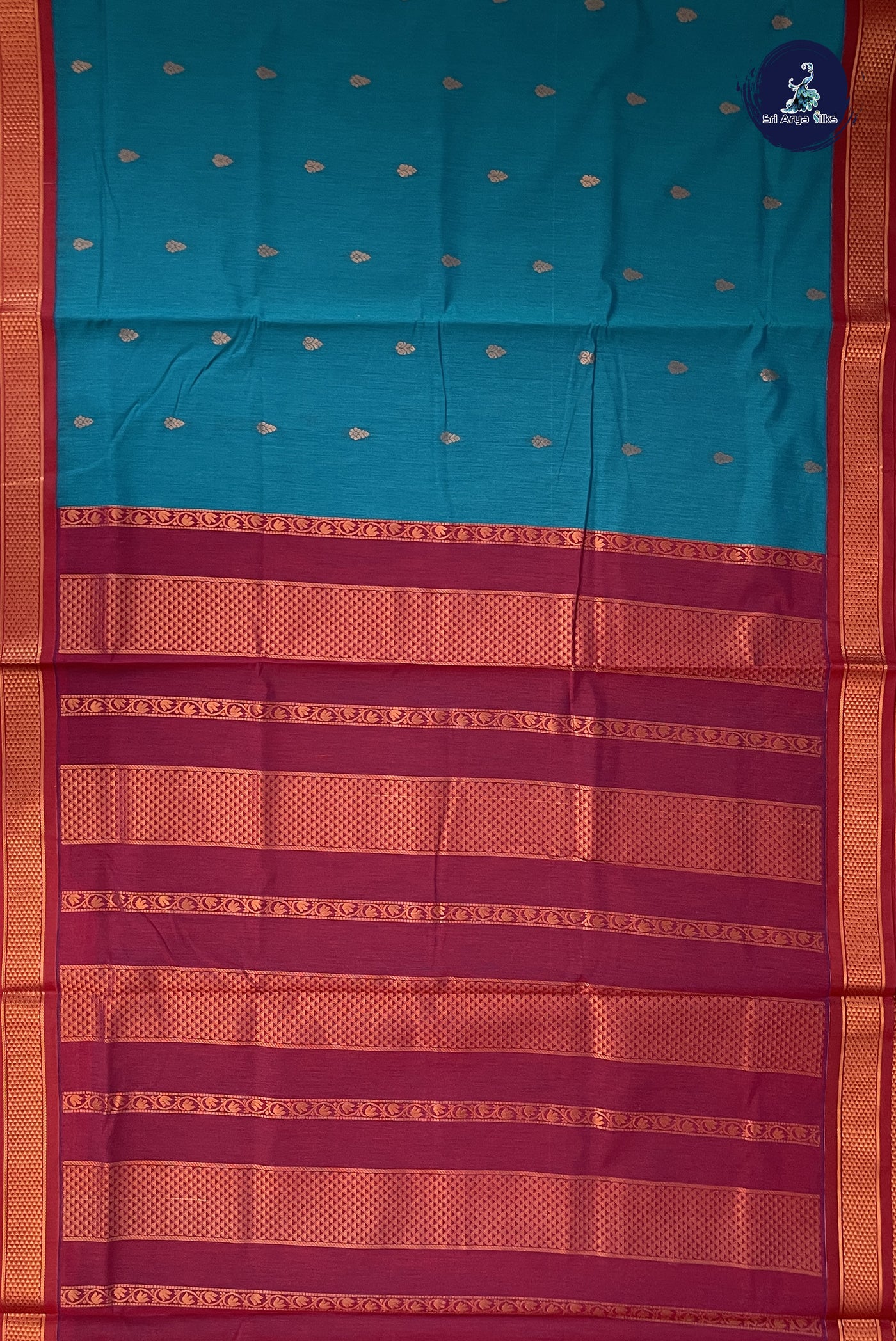 Sapphire Green Madisar Semi Silk Cotton Saree With Zari Buttas Pattern