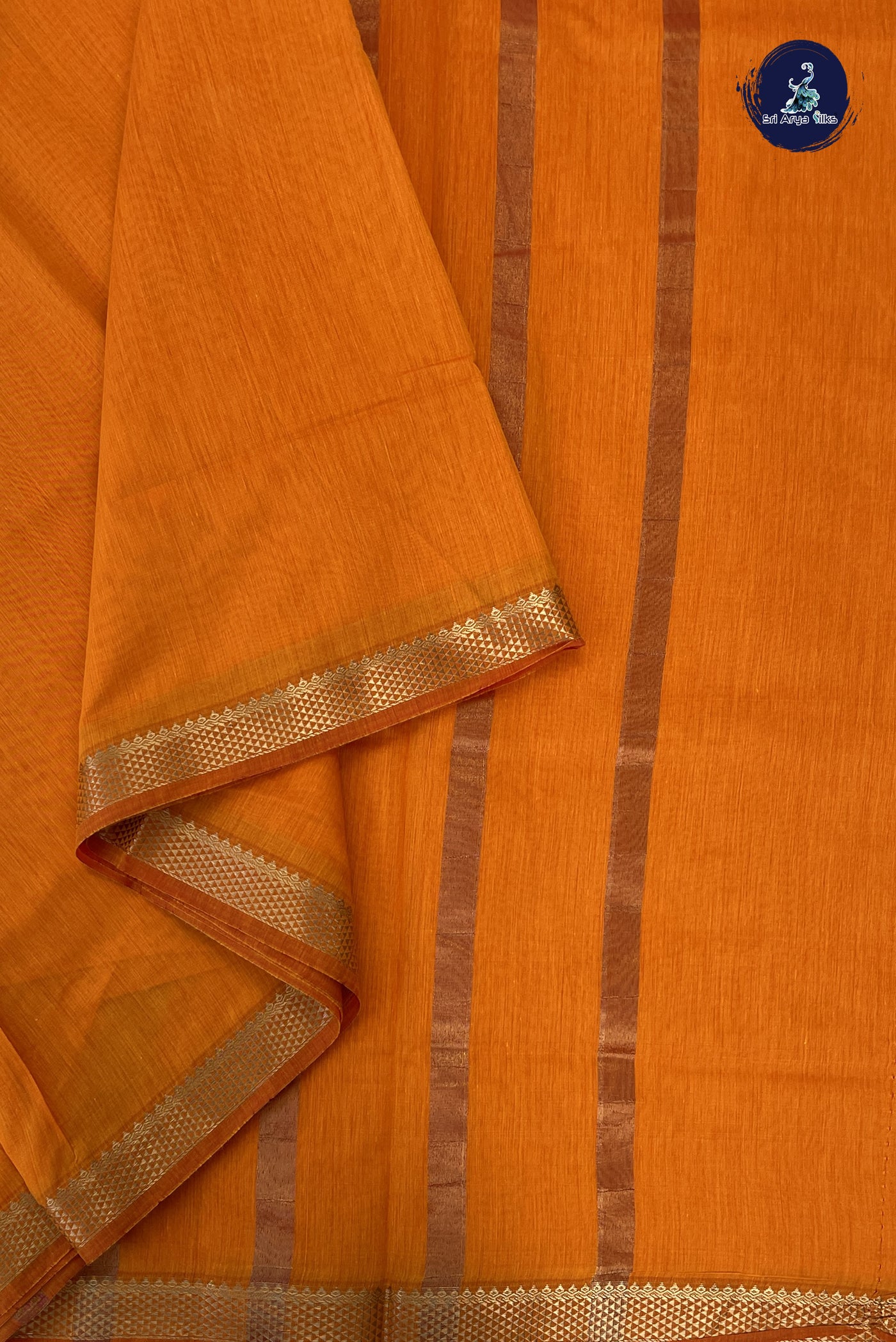 Yellowish Orange Madisar Semi Silk Cotton Saree With Plain Pattern