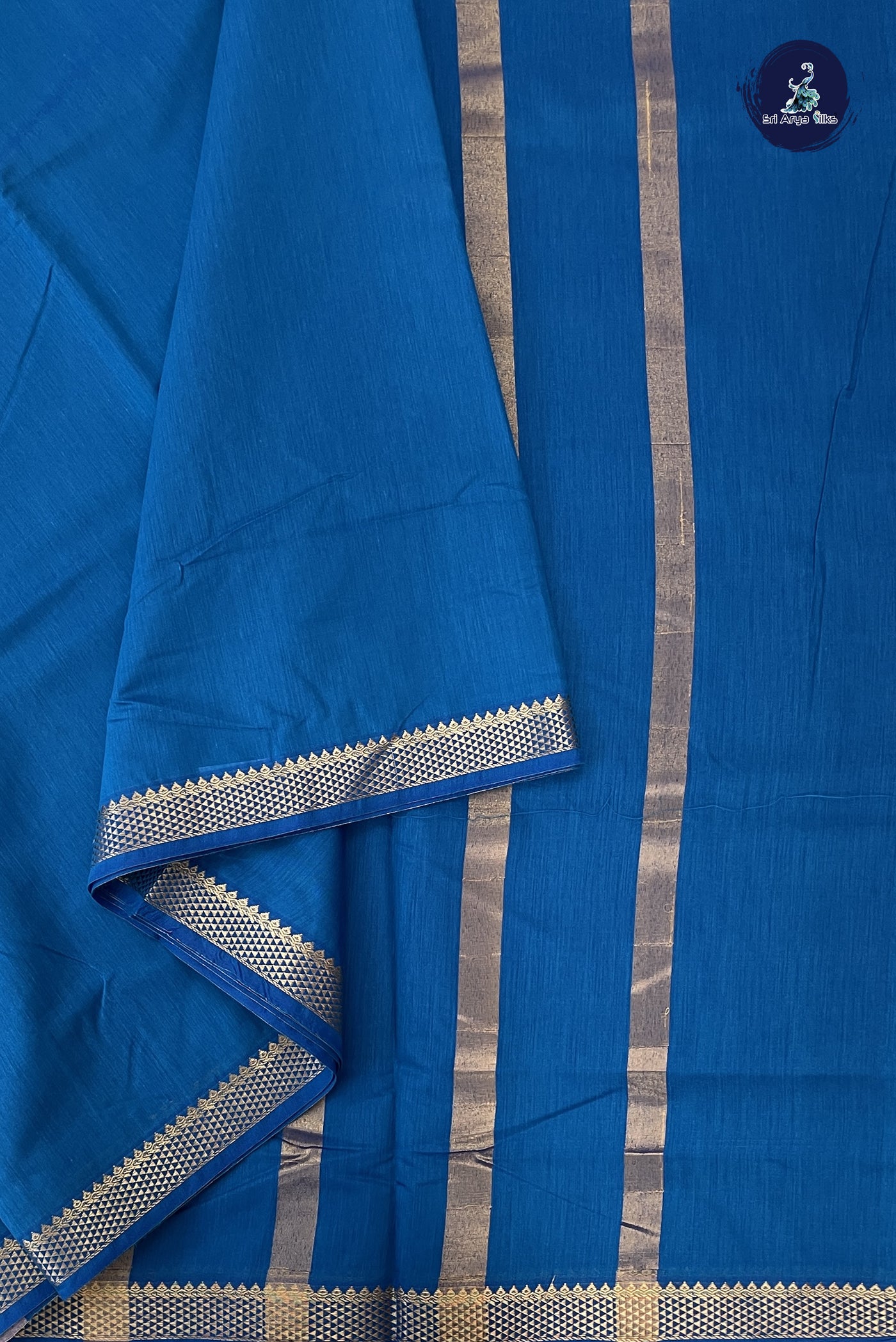 Copper Sulphate Blue Madisar Semi Silk Cotton Saree With Plain Pattern