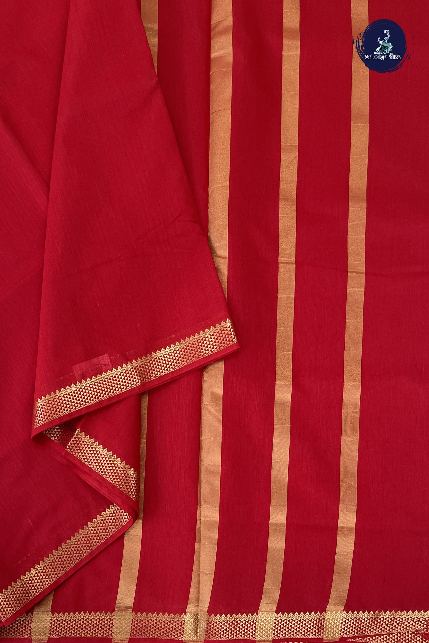 Red Madisar Semi Silk Cotton Saree With Plain Pattern