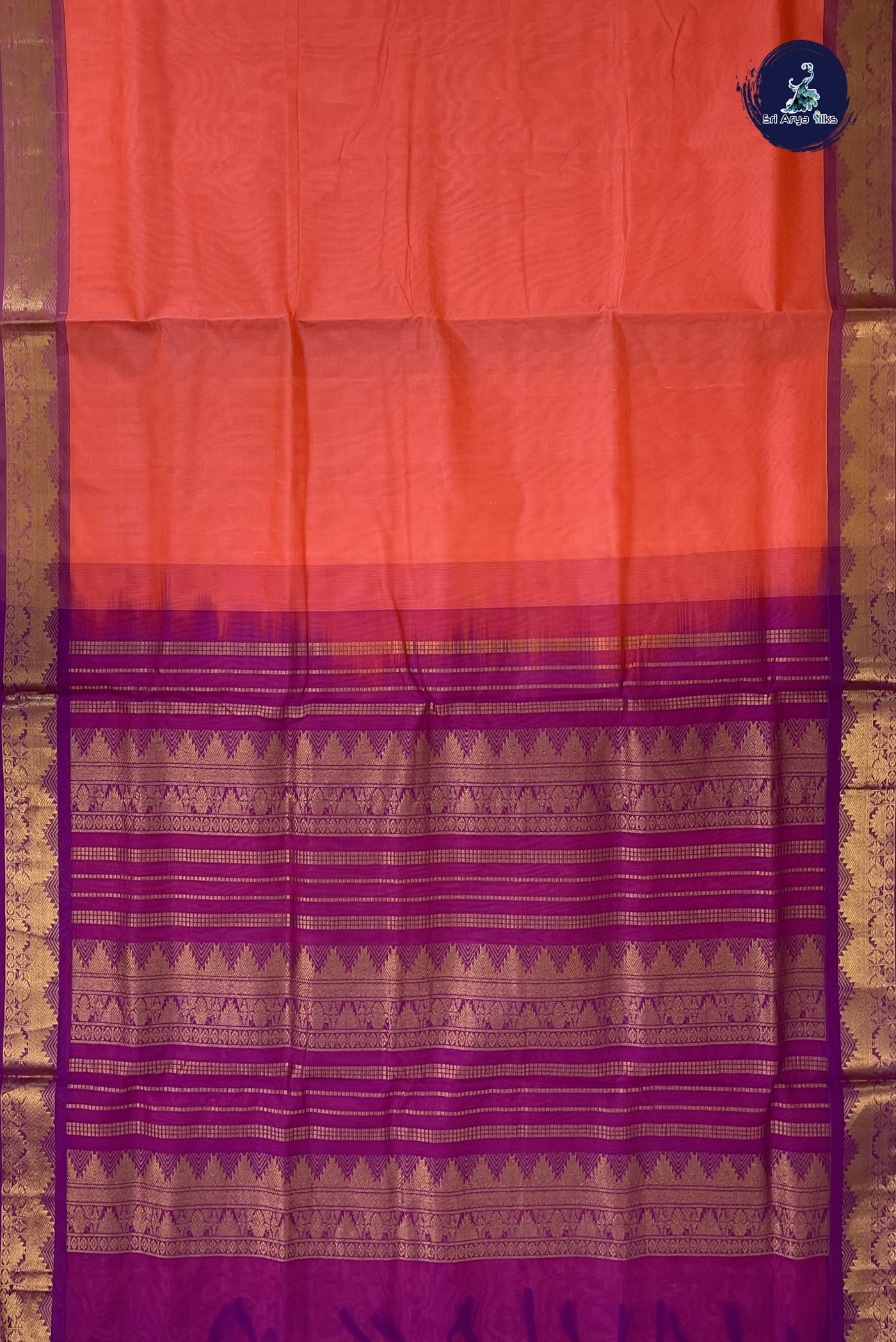 Light Orange 10 Yards Silk Cotton Saree With Plain Pattern