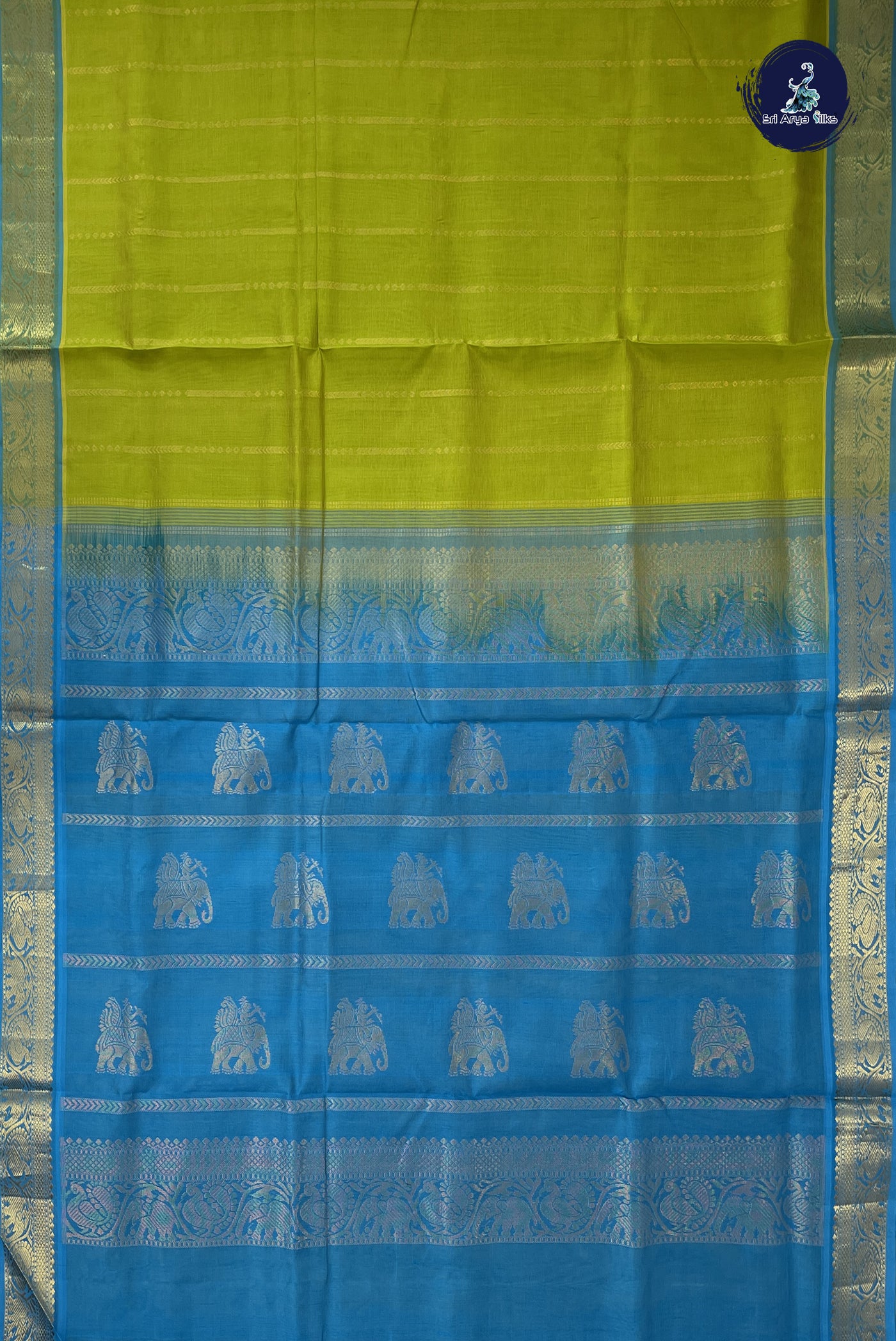 Lime Green 10 Yards Silk Cotton Saree With Stripes Pattern