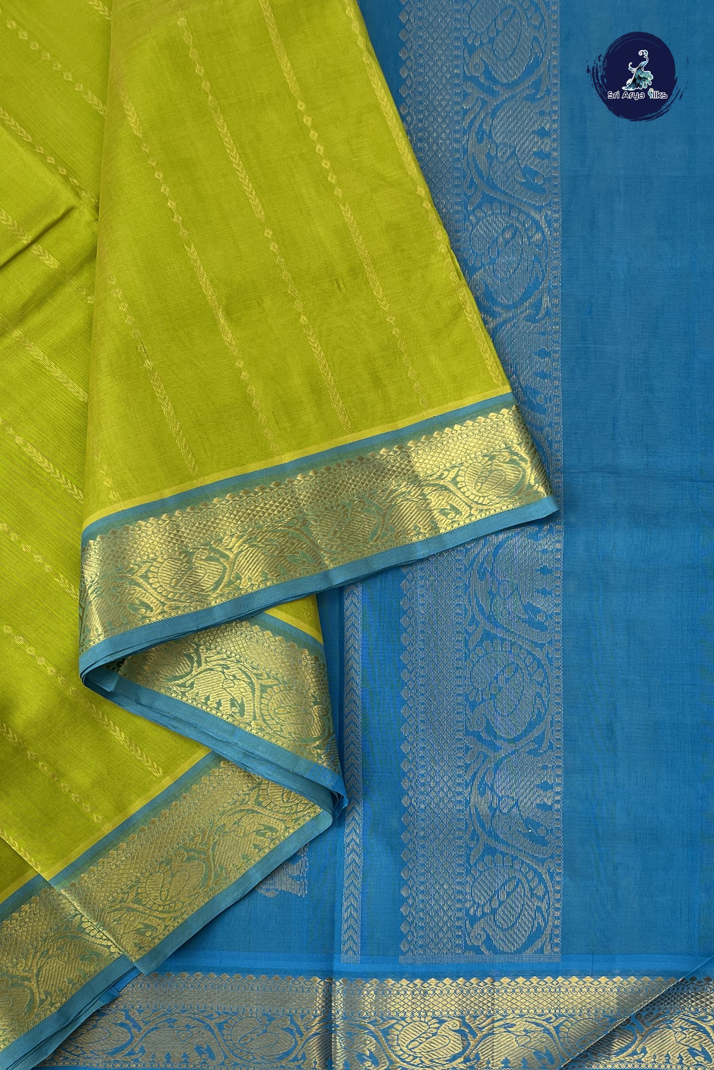 Lime Green 10 Yards Silk Cotton Saree With Stripes Pattern