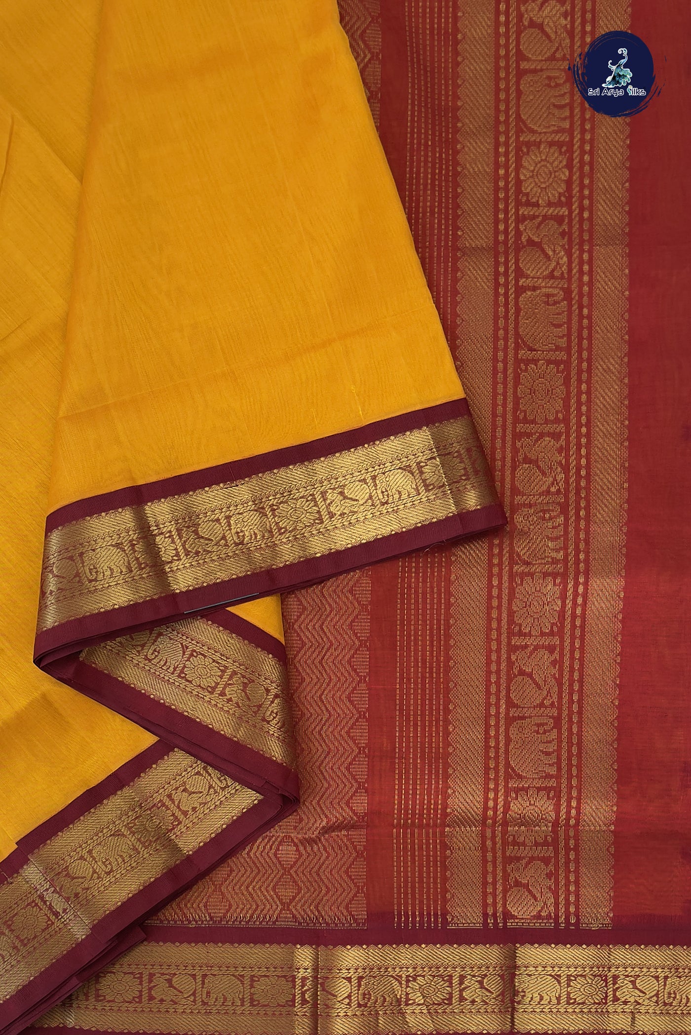 Mango Yellow Korvai Silk Cotton Saree With Plain Pattern