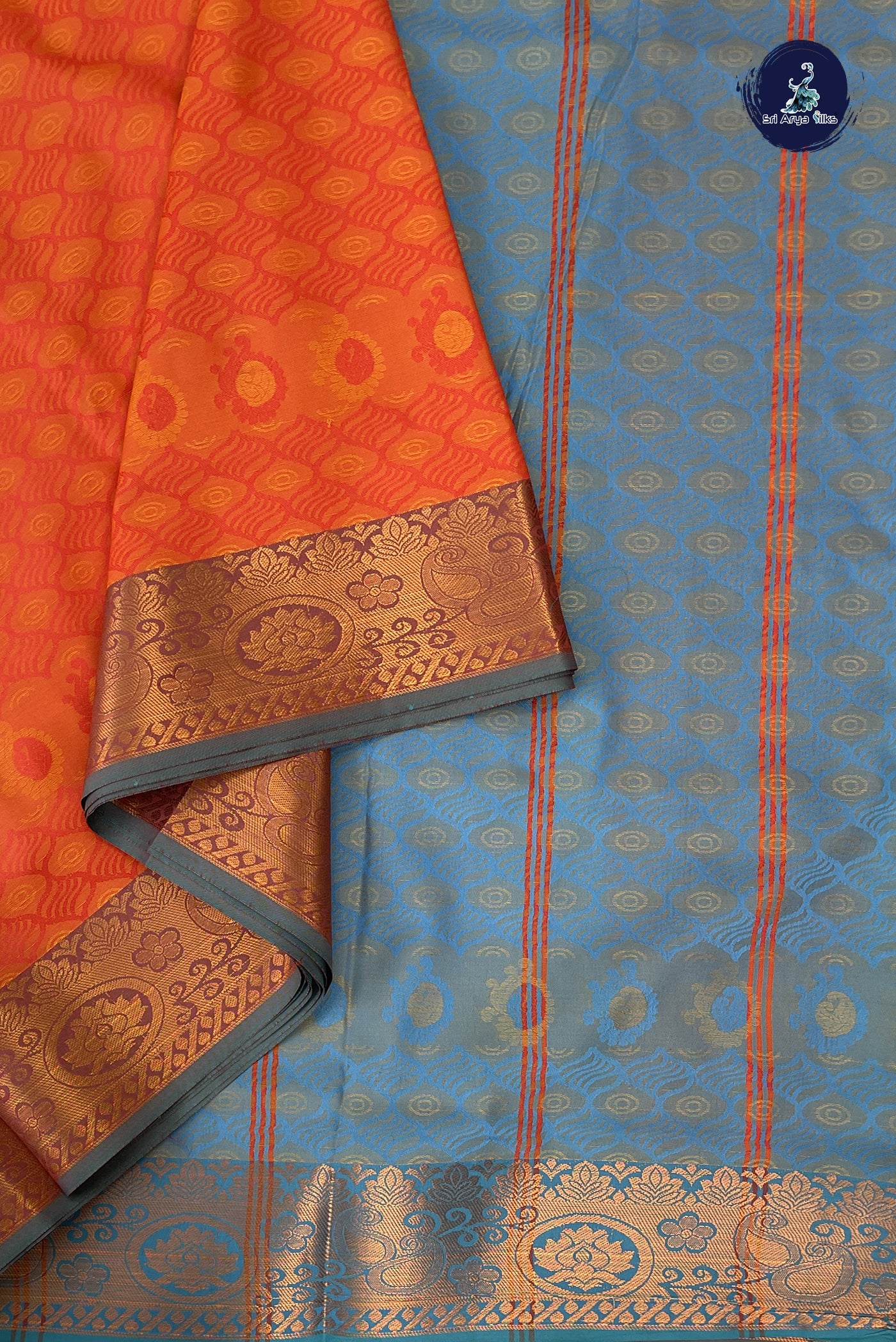 Orange Madisar Semi Silk Saree With Embossed Pattern