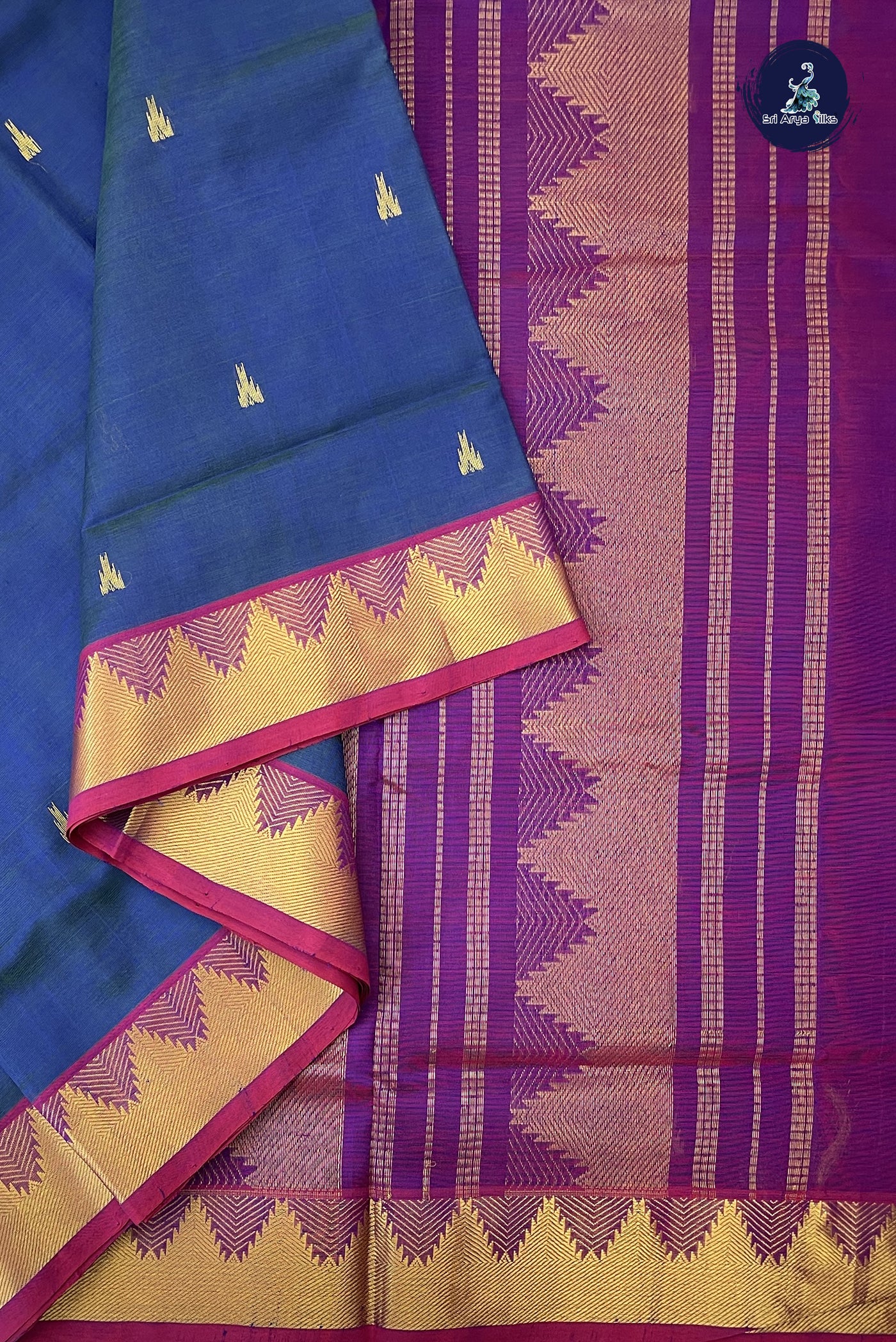 Dual Tone Blue Madisar Silk Cotton Saree With Zari Buttas Pattern