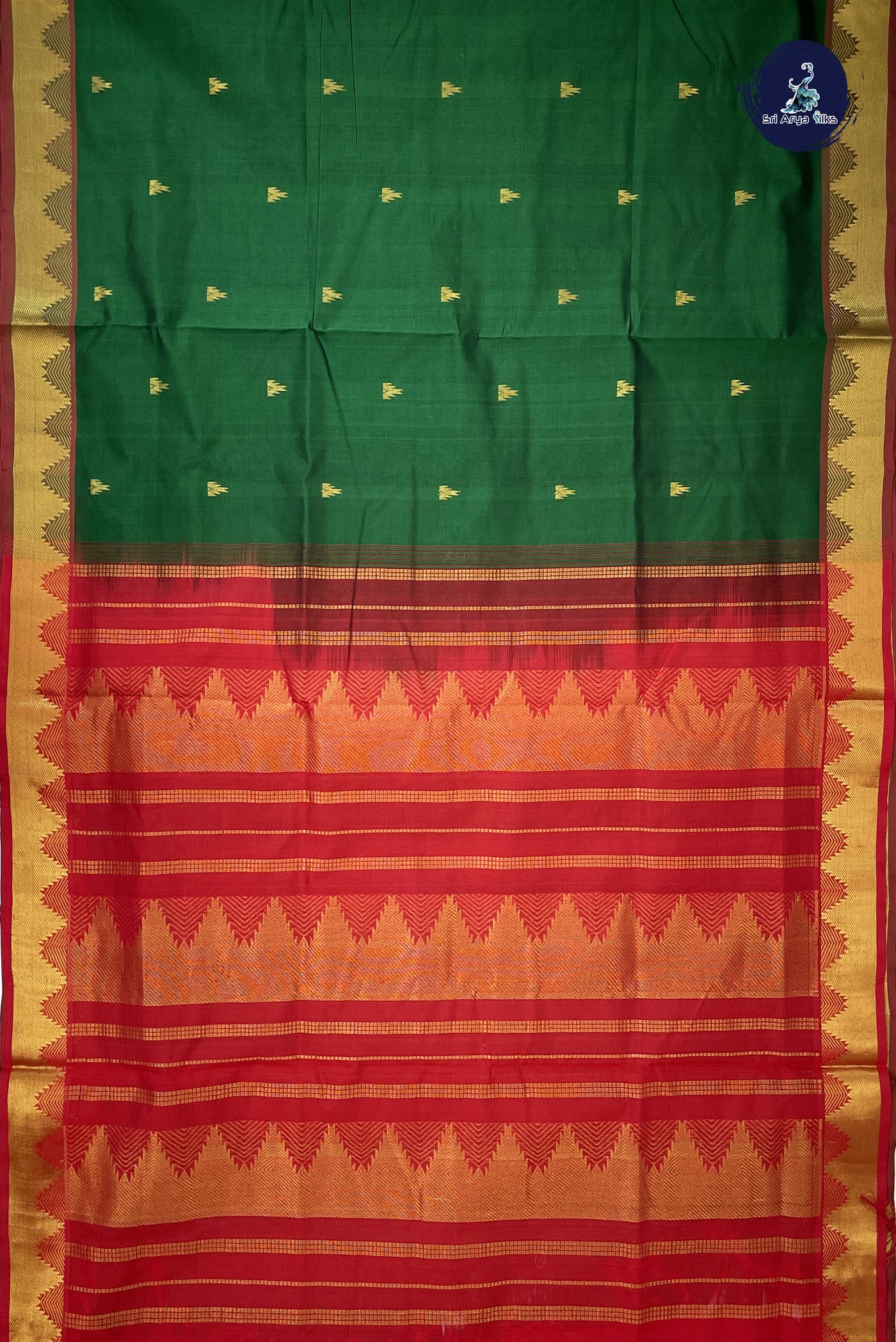 Dark Green Madisar Silk Cotton Saree With Zari Buttas Pattern