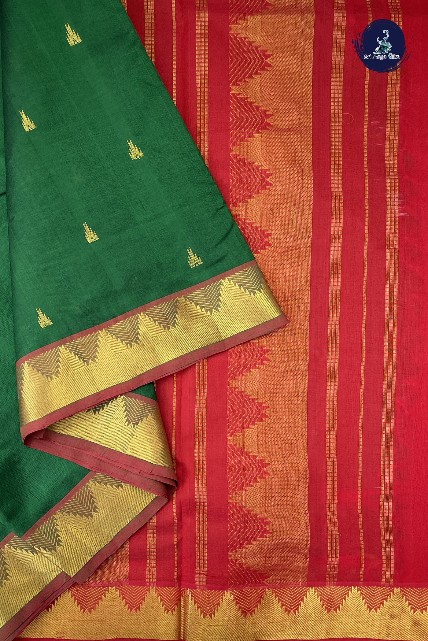 Dark Green Madisar Silk Cotton Saree With Zari Buttas Pattern