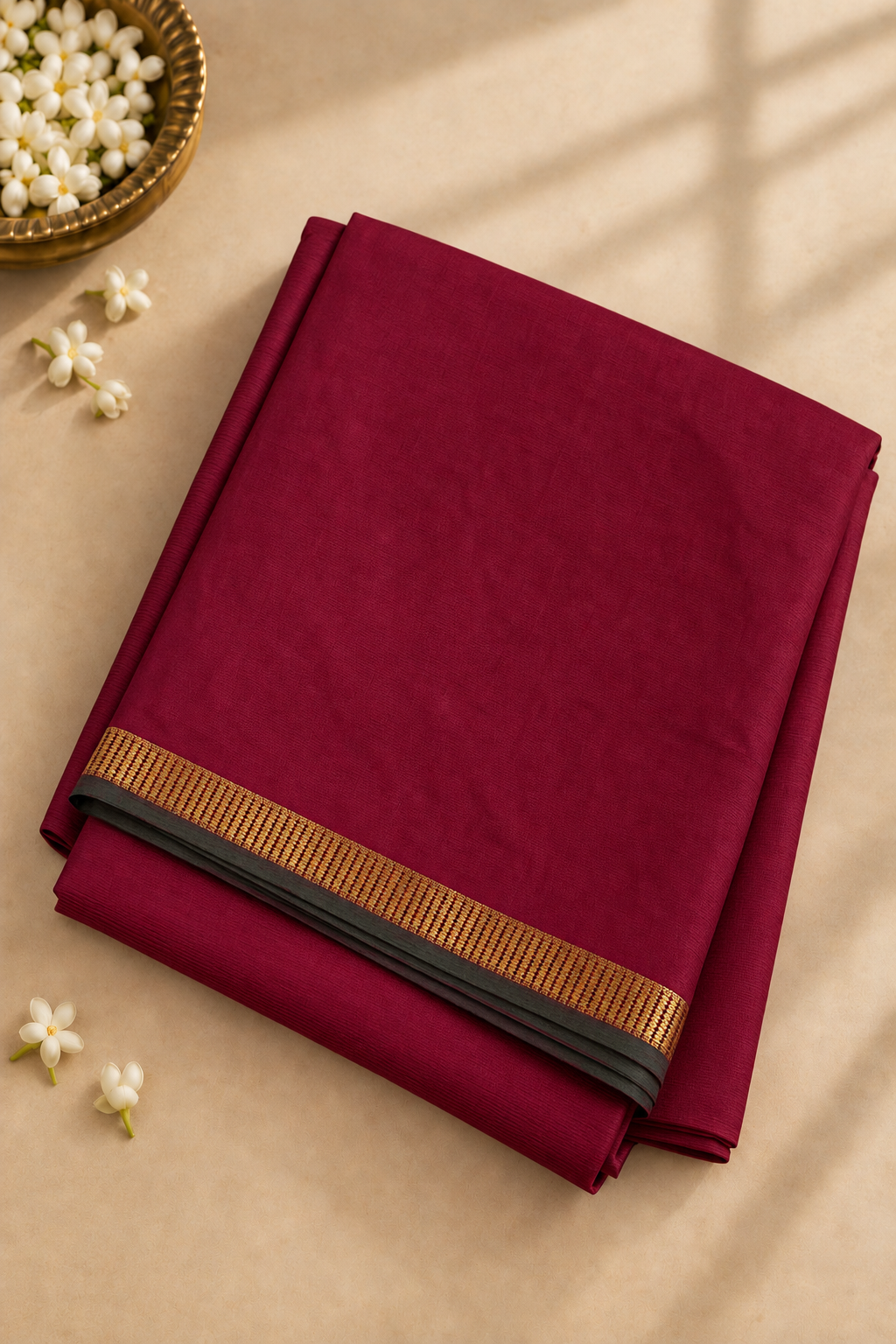 Maroon Madisar 10 Yards Silk Saree With Plain Pattern