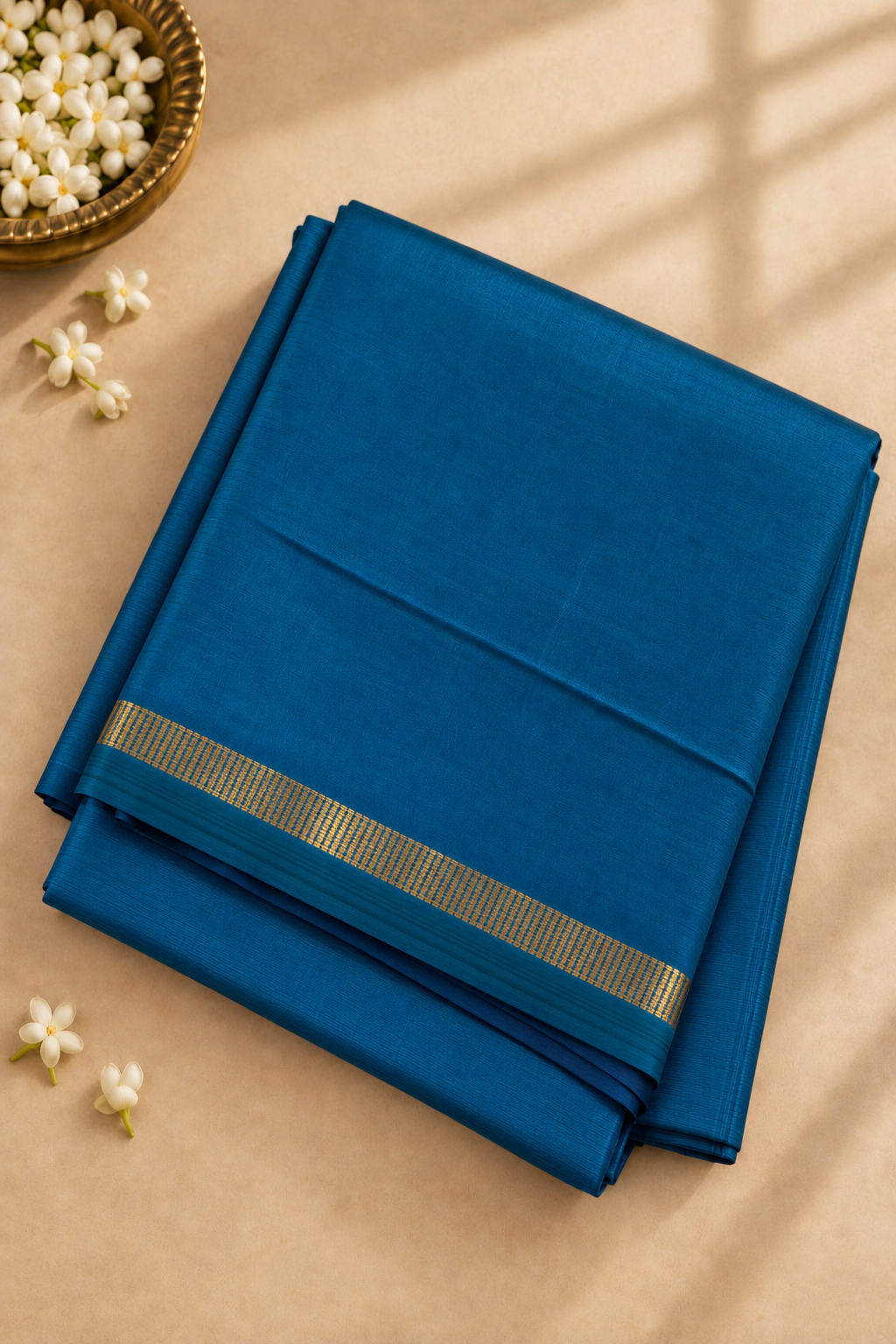 Light Blue Madisar 10 Yards Silk Saree With Plain Pattern