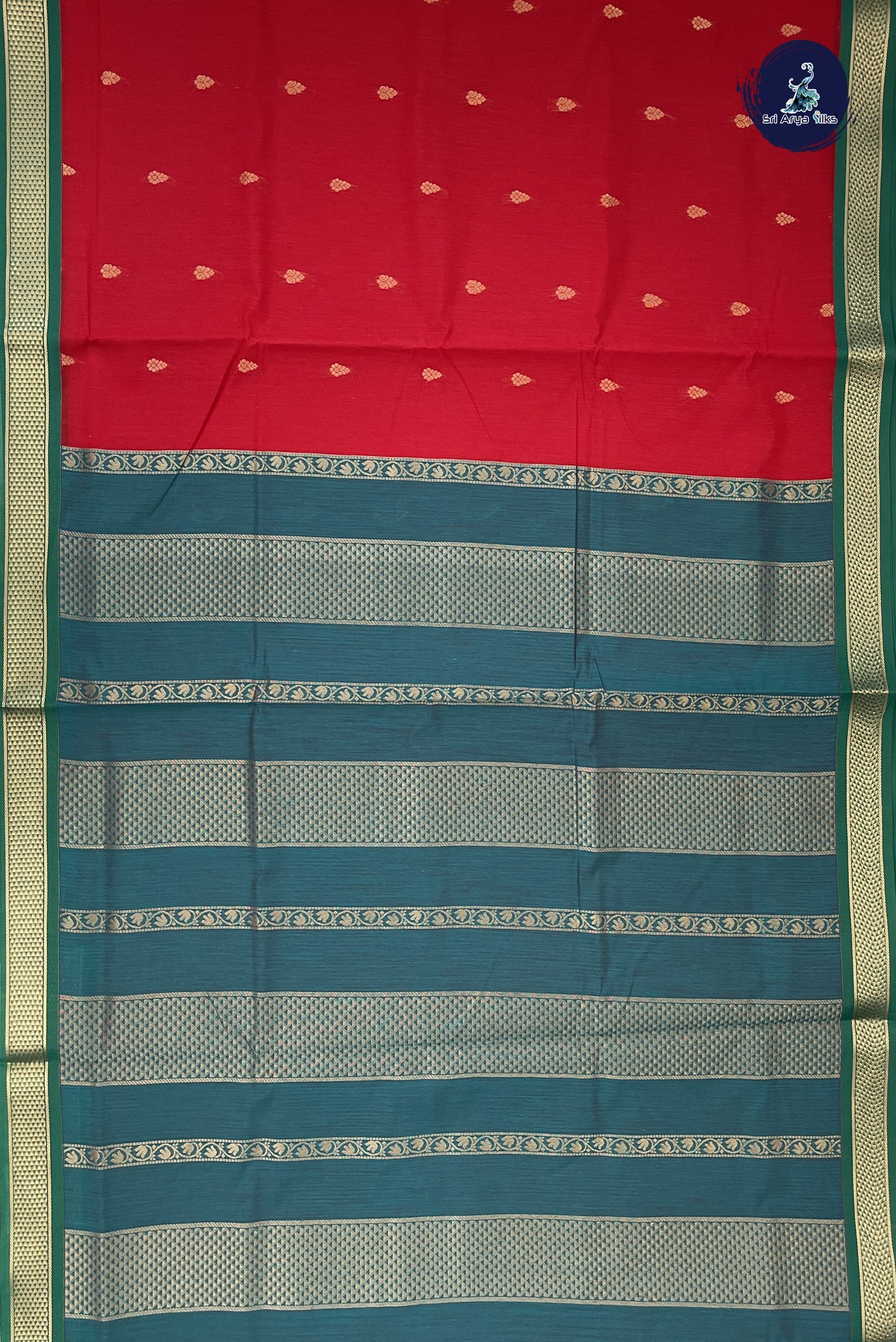 Red Madisar Semi Silk Cotton Saree With Zari Buttas Pattern