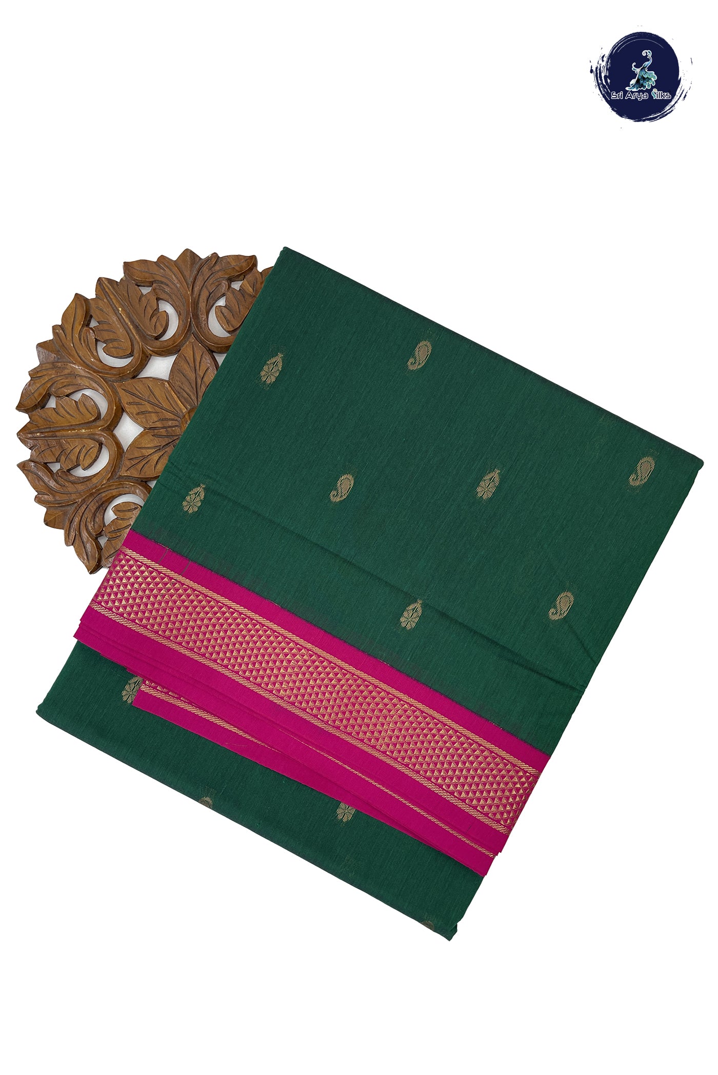 Bottle Green Madisar Semi Silk Cotton Saree With Zari Buttas Pattern